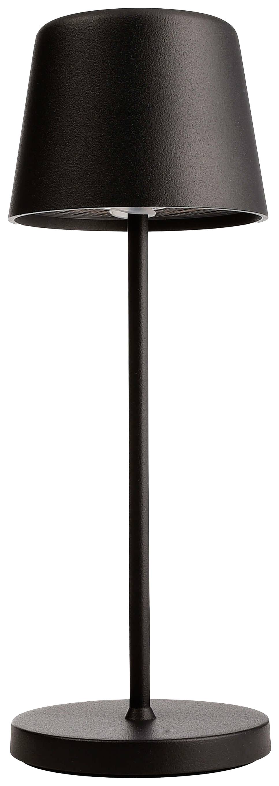 Schwarze Tischlampe mit schlichtem, modernem Design, zylindrischem Schirm und rundem Fuß, ideal für minimalistische Inneneinrichtungen.