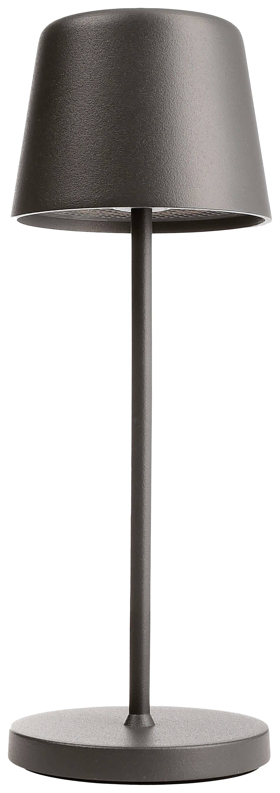 Eine modern gestaltete Tischlampe mit einem zylindrischen, dunklen Schirm auf einem schlanken Stab und runder Basis.