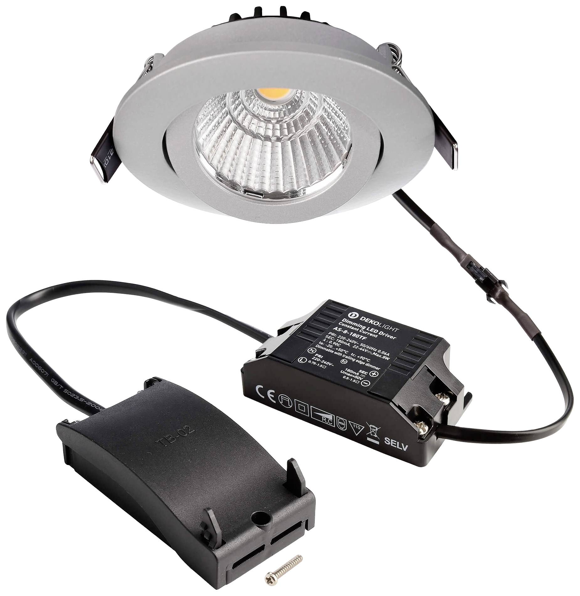 Ein runder, silberfarbener LED-Deckeneinbauspot mit externem schwarzem Transformator, verbunden durch ein Kabel, liegt auf weißem Hintergrund.