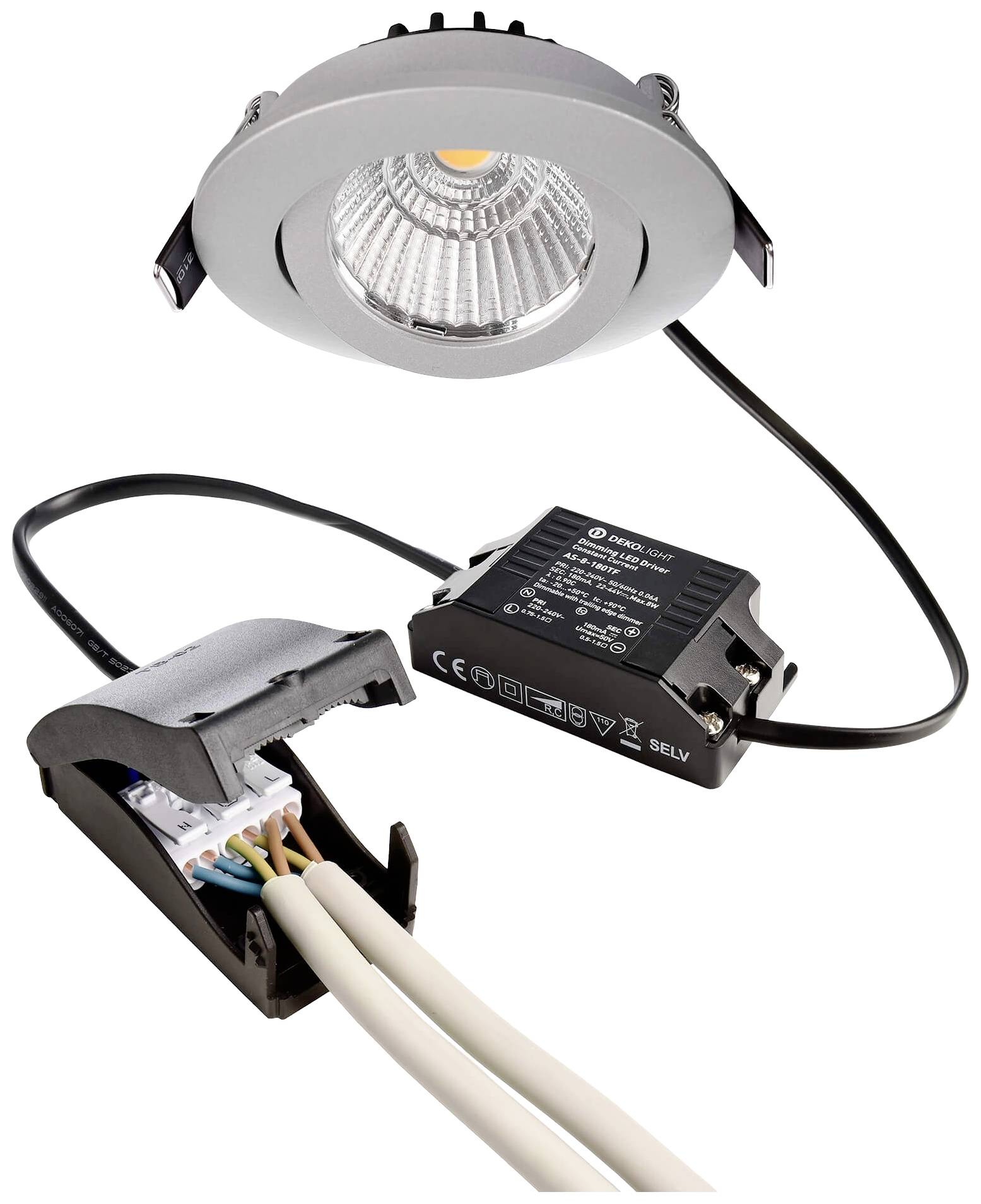 Einbaustrahler mit Kabel und Anschlussdose. Der Strahler ist rund und silbern, verbunden mit einer schwarzen, kastenförmigen Stromversorgungseinheit.