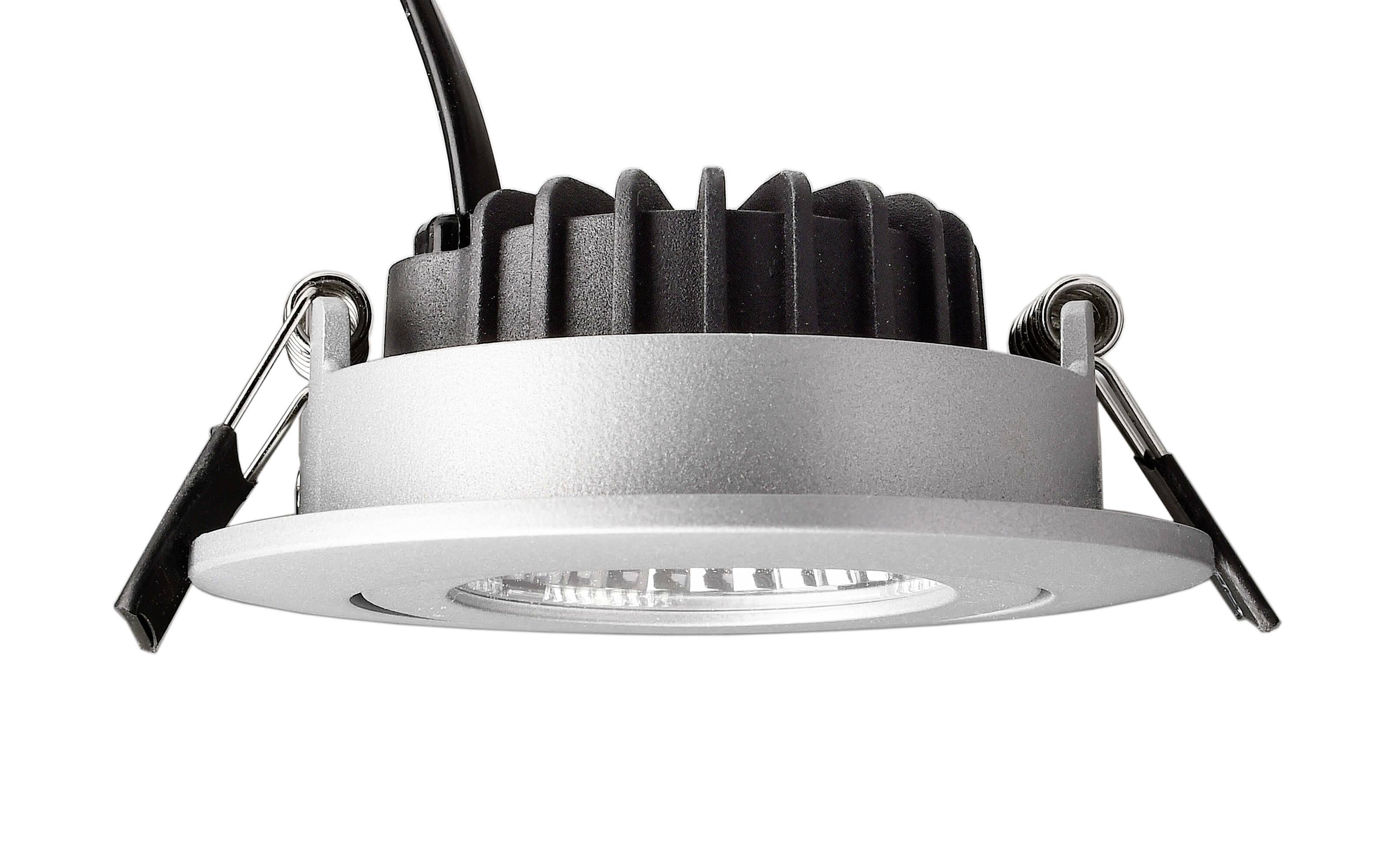 Eine silberne Einbau-LED-Leuchte mit schwarzem Kühlkörper und zwei Federn für Deckenmontage.