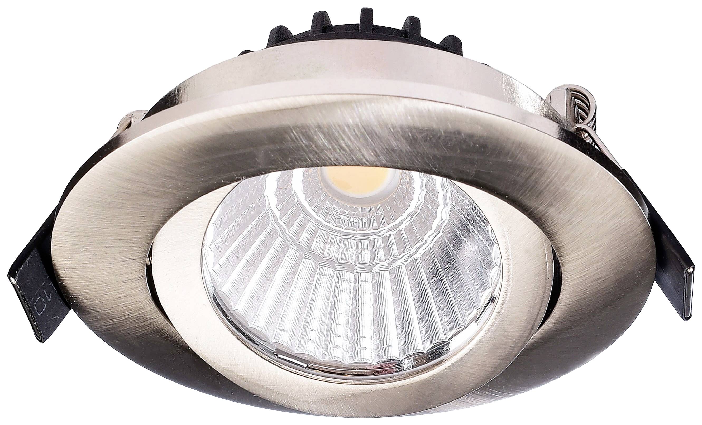 Einbauleuchte aus Metall mit silbernem Rahmen und sichtbarem LED-Licht. Deckenmontage geeignet, modernes Design.