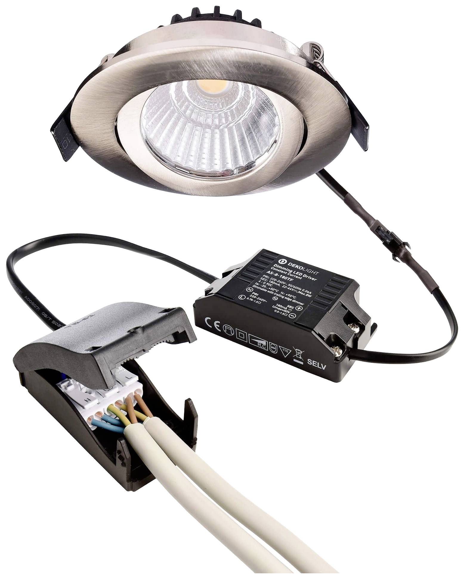 Einbaustrahler aus Metall mit LED-Leuchtmittel, angeschlossen an eine schwarze Stromversorgungseinheit und freiliegenden Kabeln.