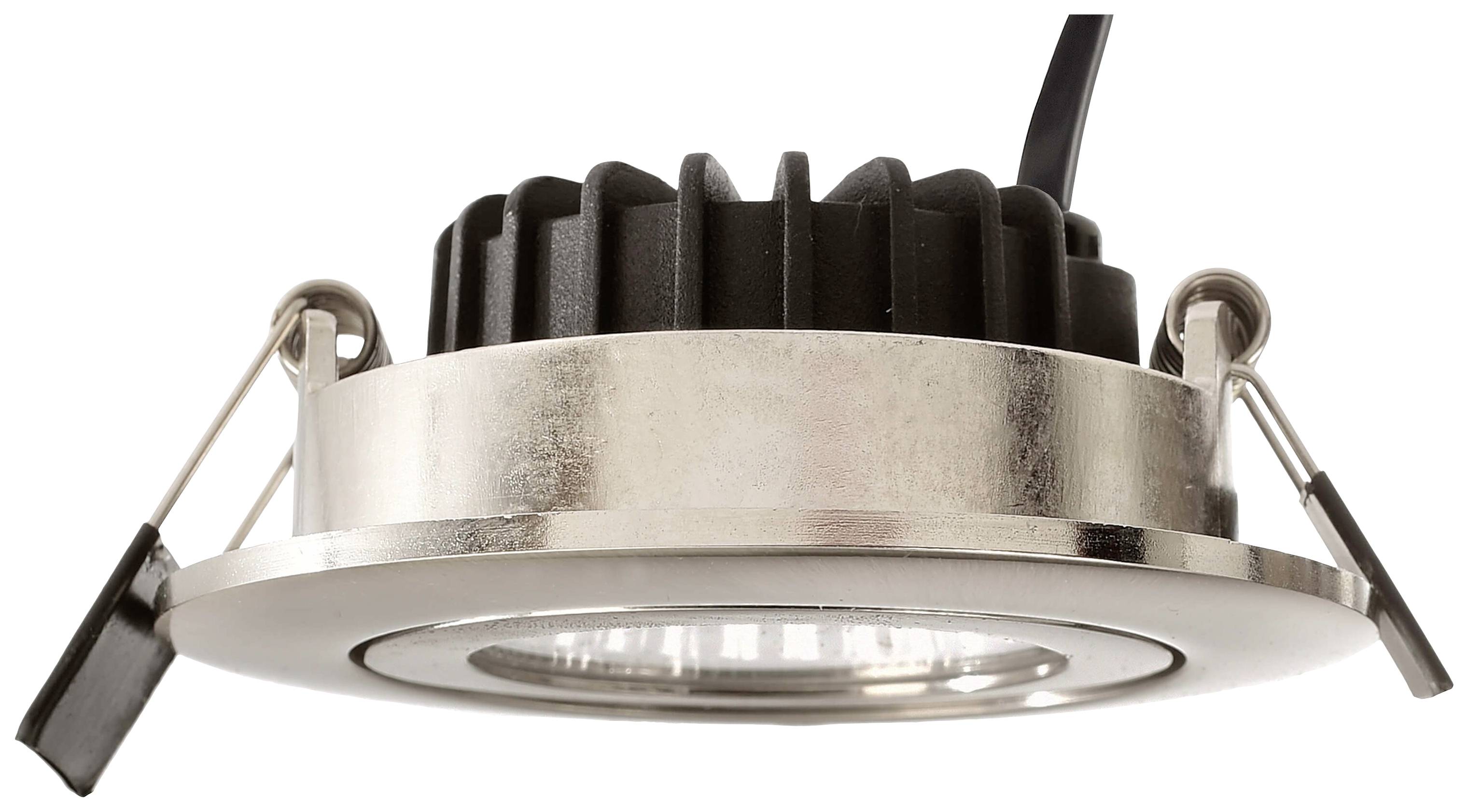 Runde LED-Deckeneinbauleuchte mit silbernem Metallrahmen und schwarzem Kühlkörper, geeignet für moderne Innenbeleuchtung.