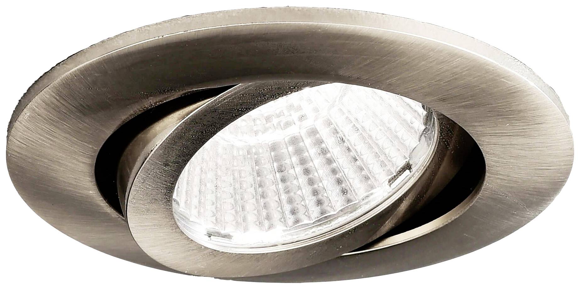 Deckeneinbauleuchte aus gebürstetem Metall mit rundem, schwenkbarem Rahmen und LED-Lampe in der Mitte.