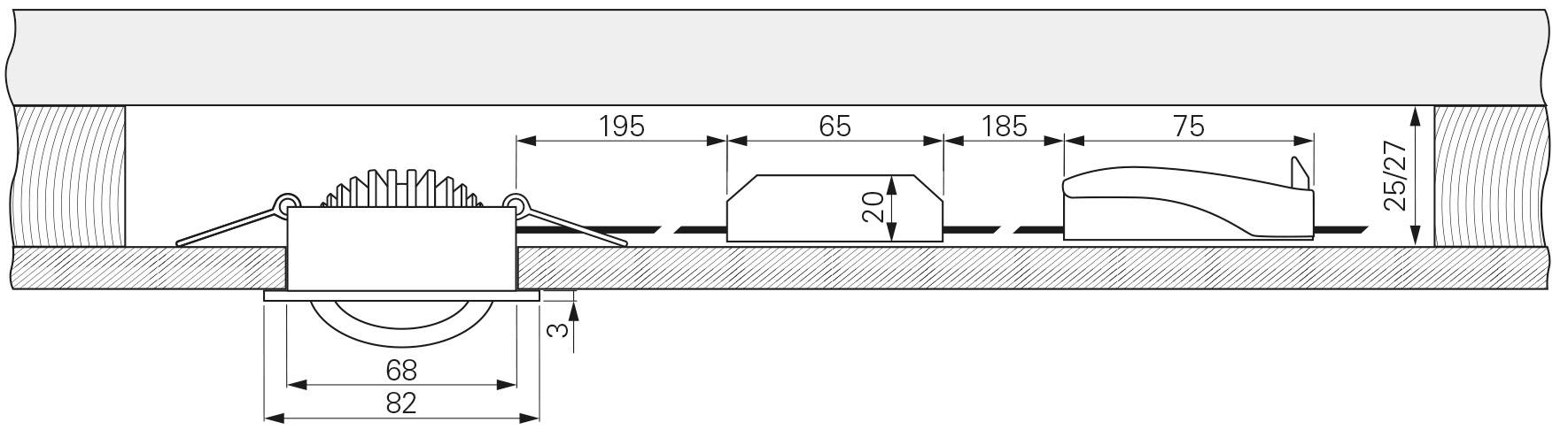 Diagramm zeigt Einbauleuchte in Decke mit Abmessungen: 195 mm Gesamtbreite, 65 mm Fassung, 75 mm Anschlusseinheit. Einbauhöhe 25-27 mm.