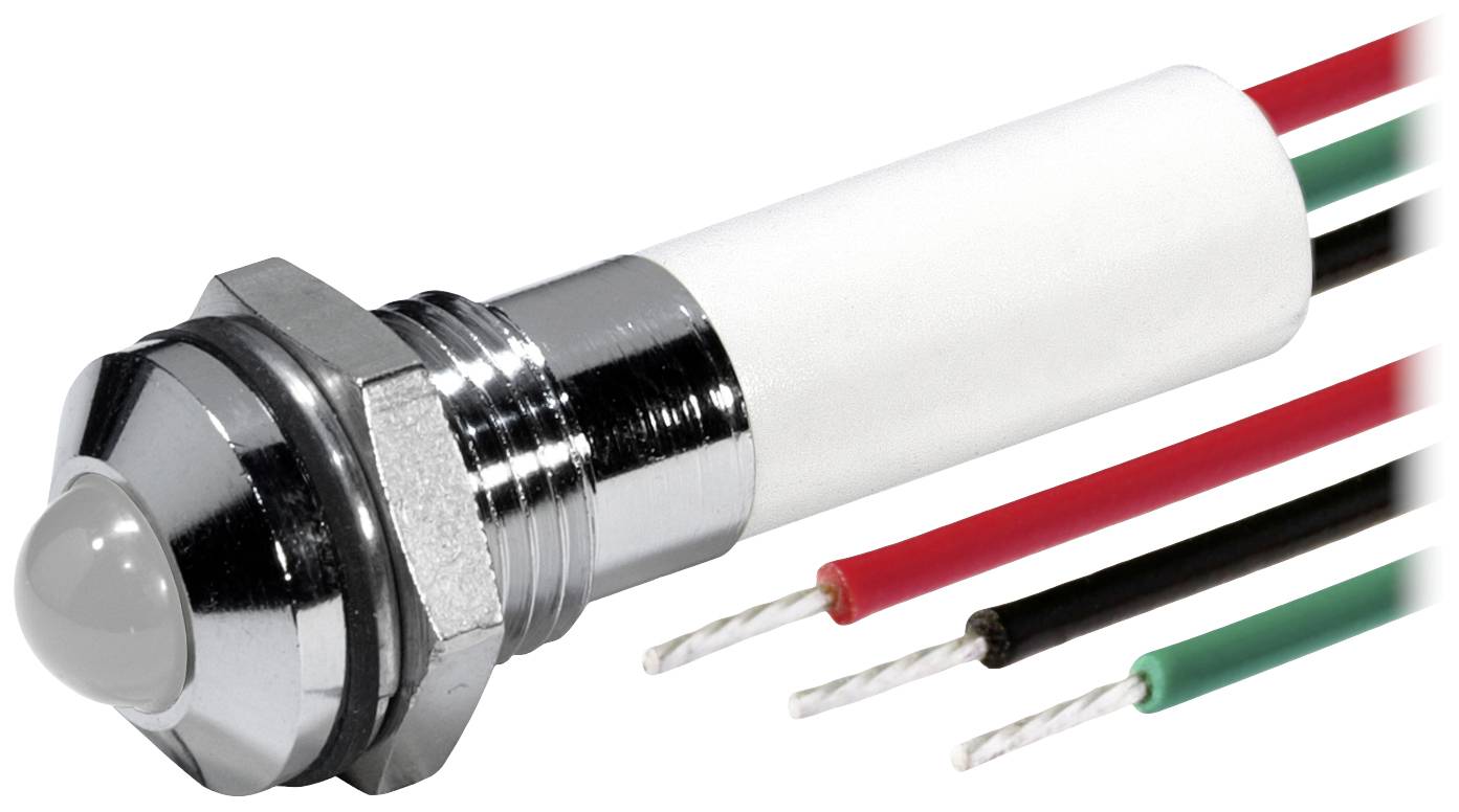 Metallsensor mit drei farbigen Drähten: rot, schwarz, grün.