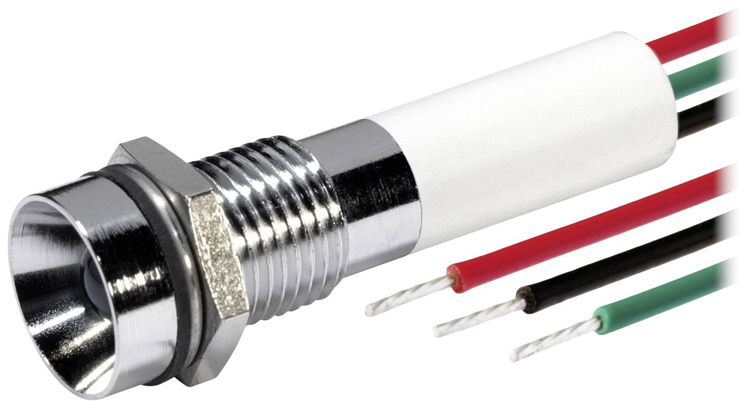 Ein zylindrischer Temperatursensor mit Metallgewinde, verbunden mit drei isolierten Drähten in den Farben Rot, Schwarz und Grün.