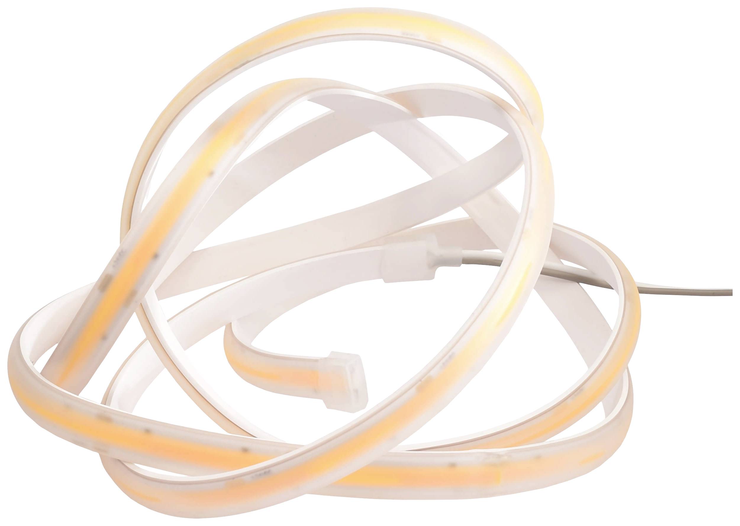 Ein flexible LED-Streifenleuchte in einer Schleifenform. Sie leuchtet in warmem Weiß und hat ein dünnes Verbindungskabel.
