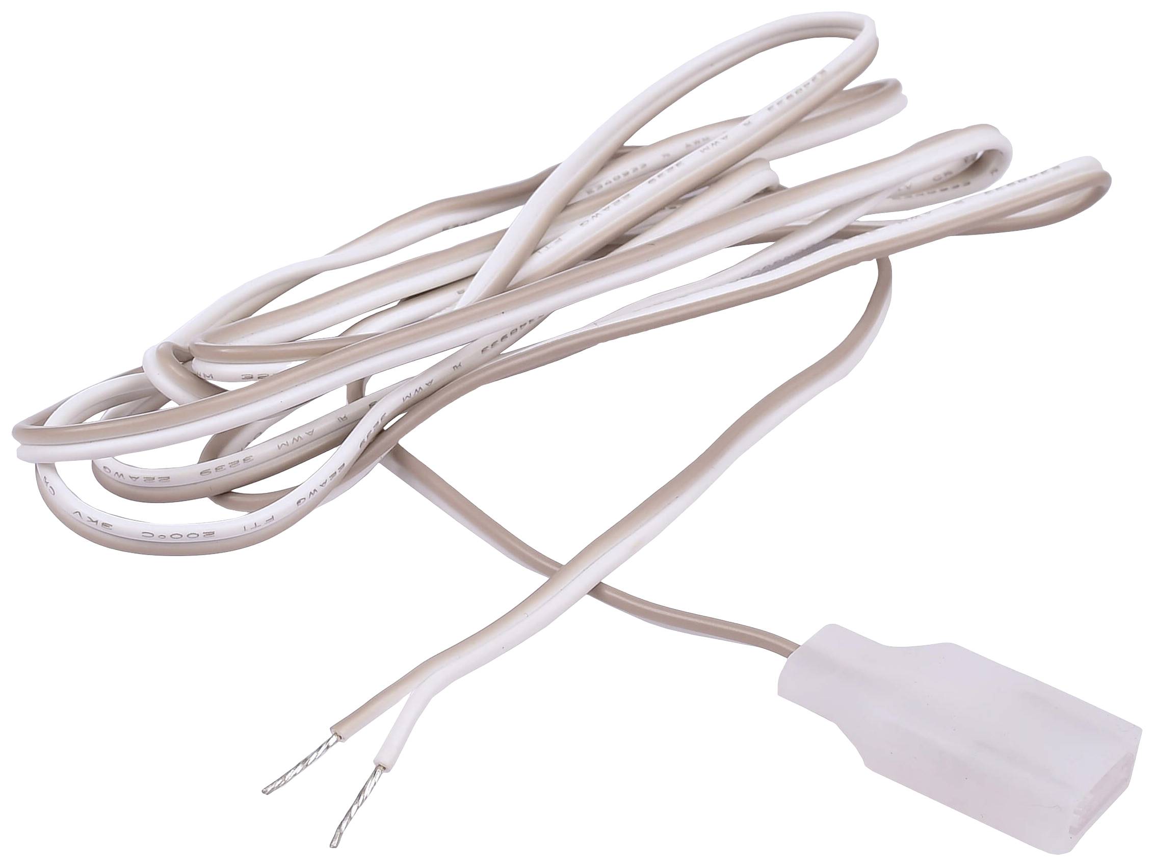 Ein weißes Kabel mit blanken Drahtenden und einem Kunststoffstecker. Es ist aufgerollt und dient vermutlich zur elektrischen Verbindung.