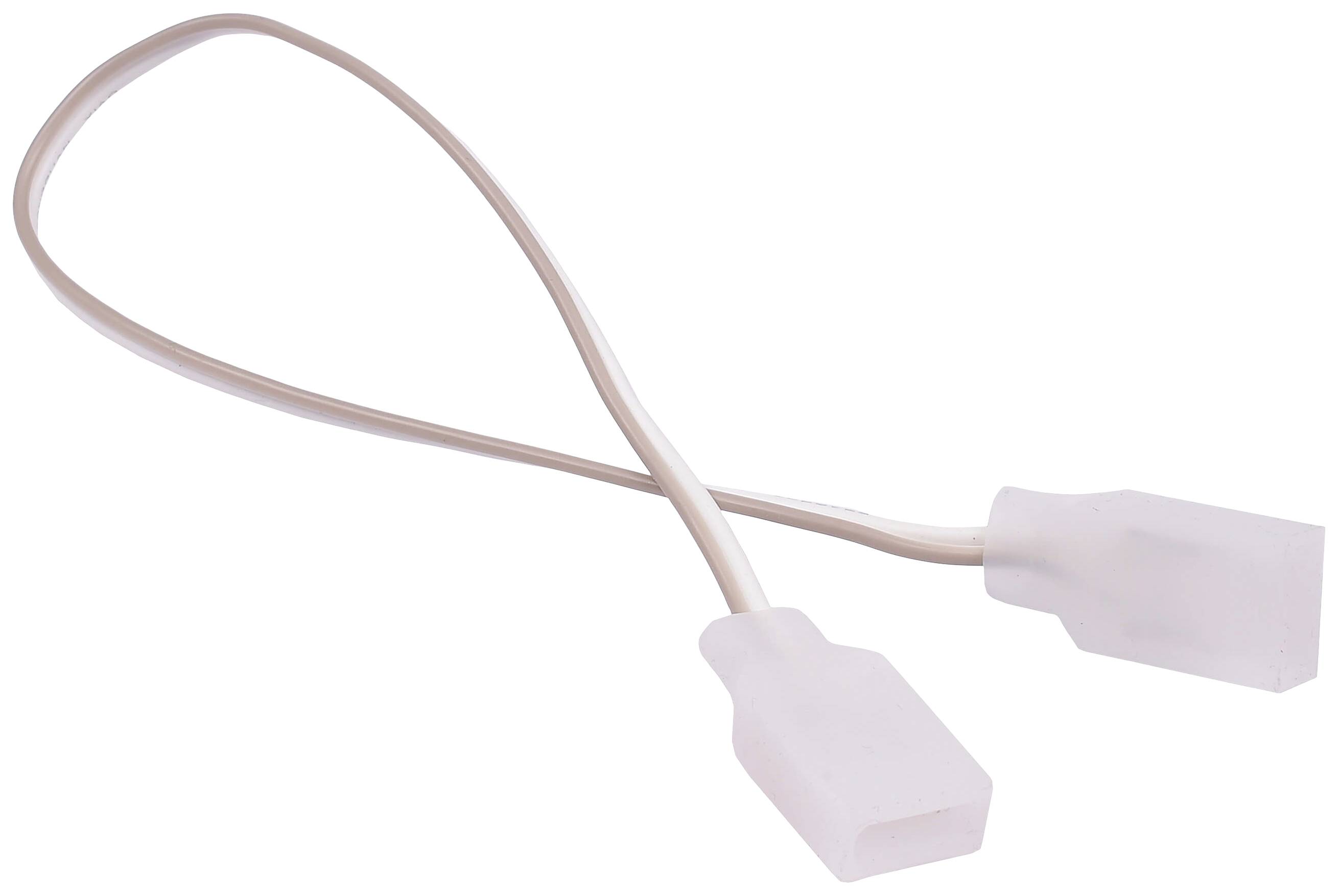 Ein weißes, zweipoliges Verlängerungskabel mit transparenten Steckern an beiden Enden.