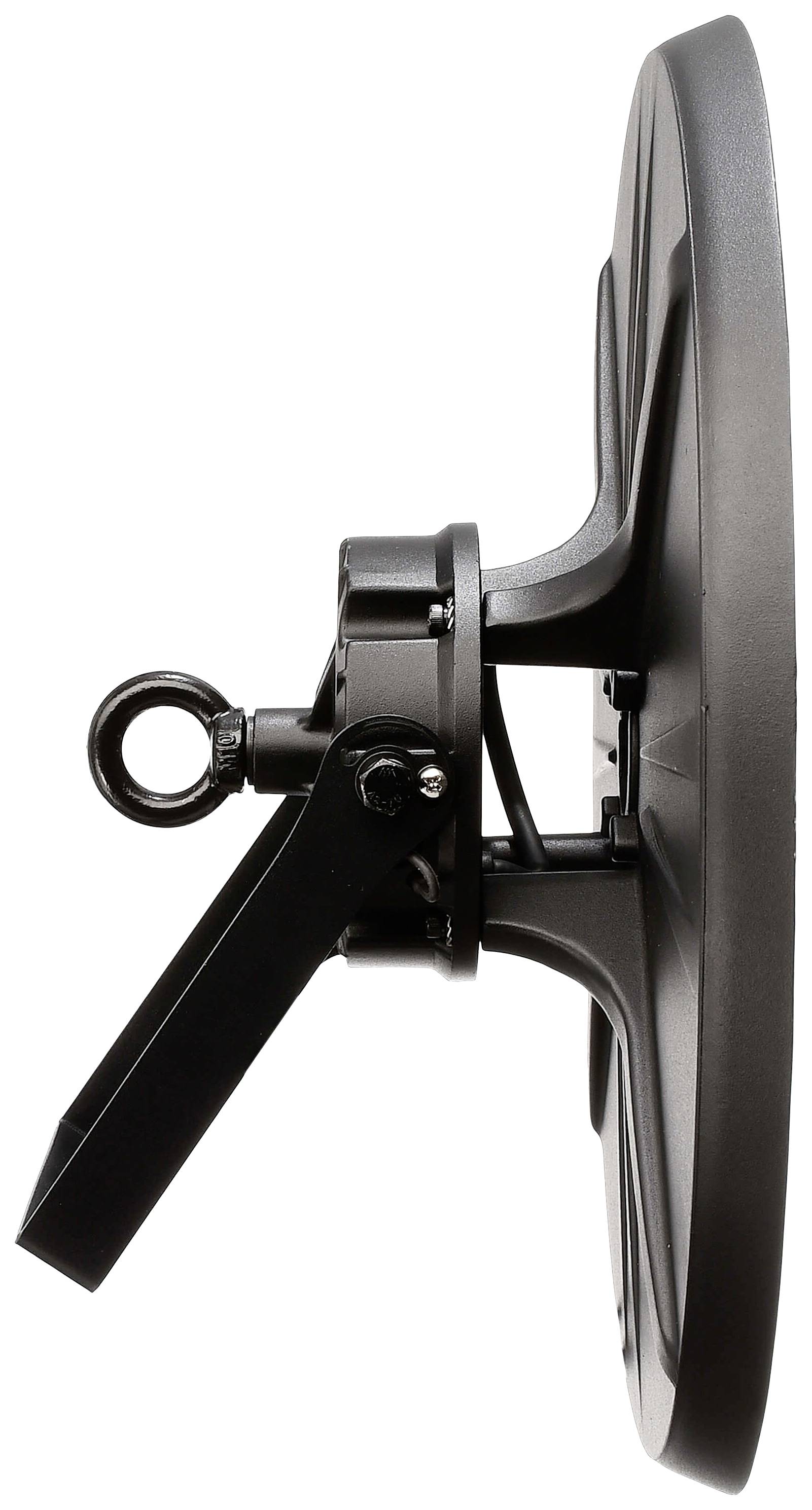 Eine schwarze TV-Satellitenschüssel von der Seite gezeigt, mit einem Arm zur Verstellung der Ausrichtung.