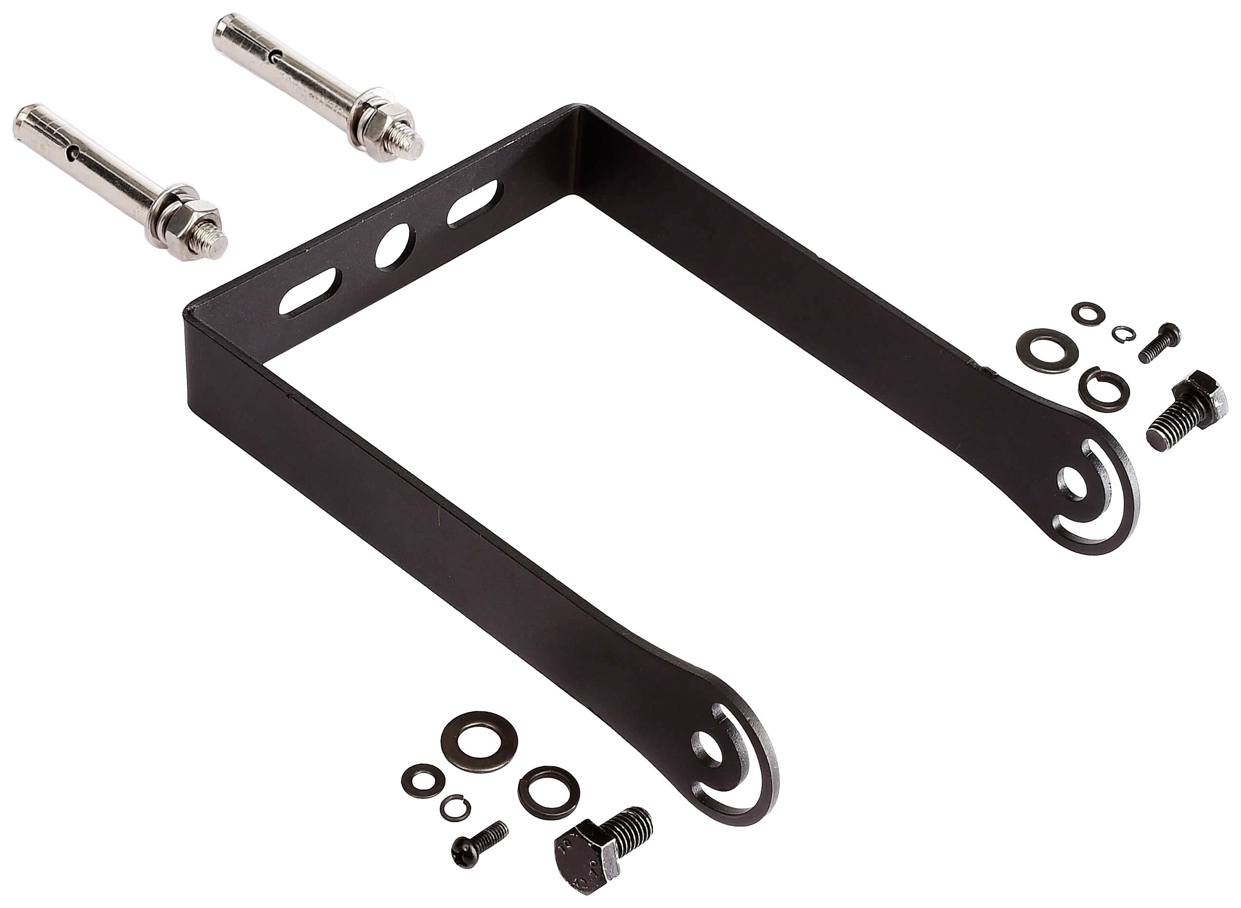 Schwarzer Metallhalter mit Befestigungsschrauben, Unterlegscheiben und Muttern, geeignet für die Montage von Geräten oder Regalen.