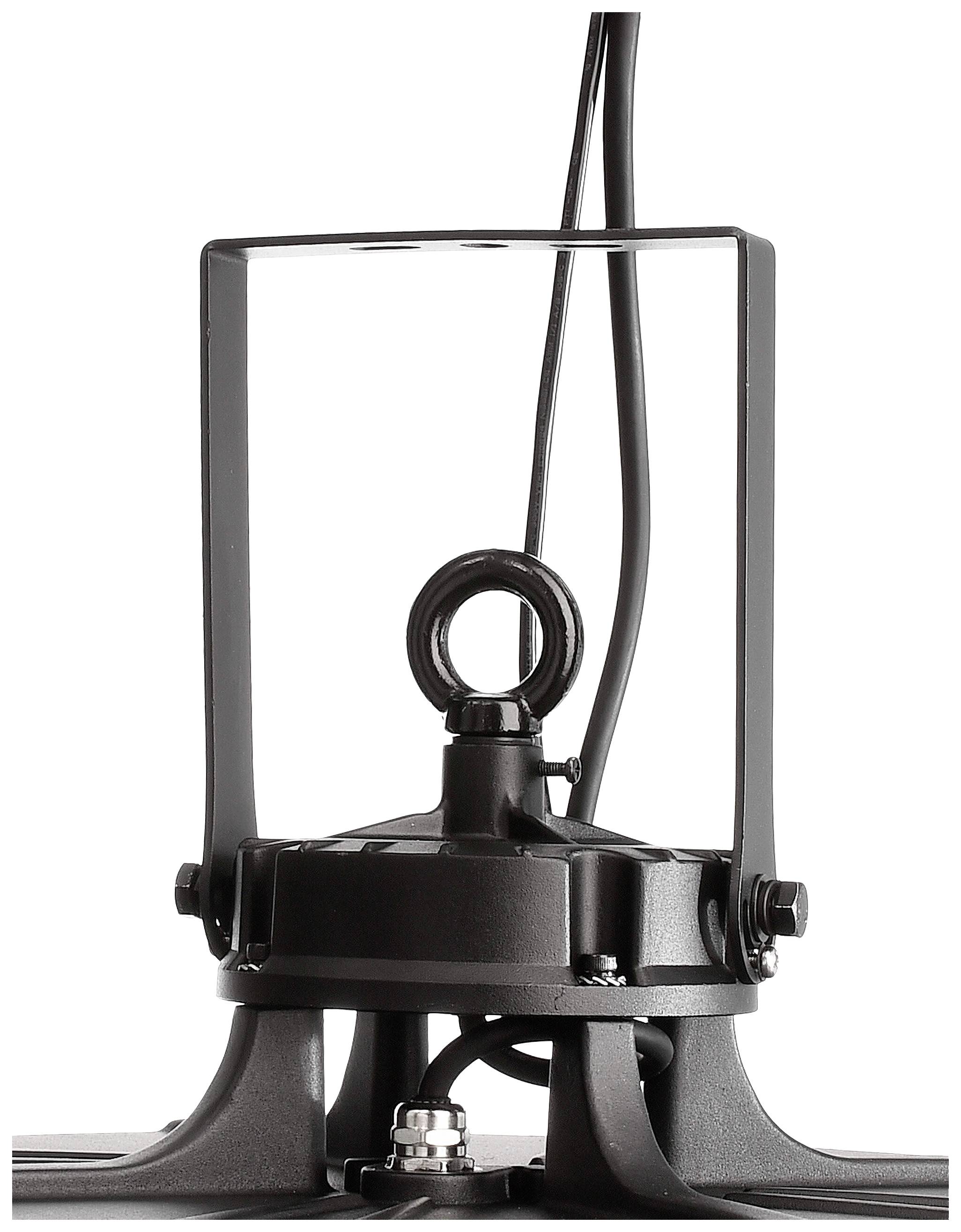 Schwarze Deckenhalterung mit Kabel, die zur Befestigung einer Lampe dient. Sie ist aus Metall gefertigt und hat einen stabilen Ring an der Oberseite.