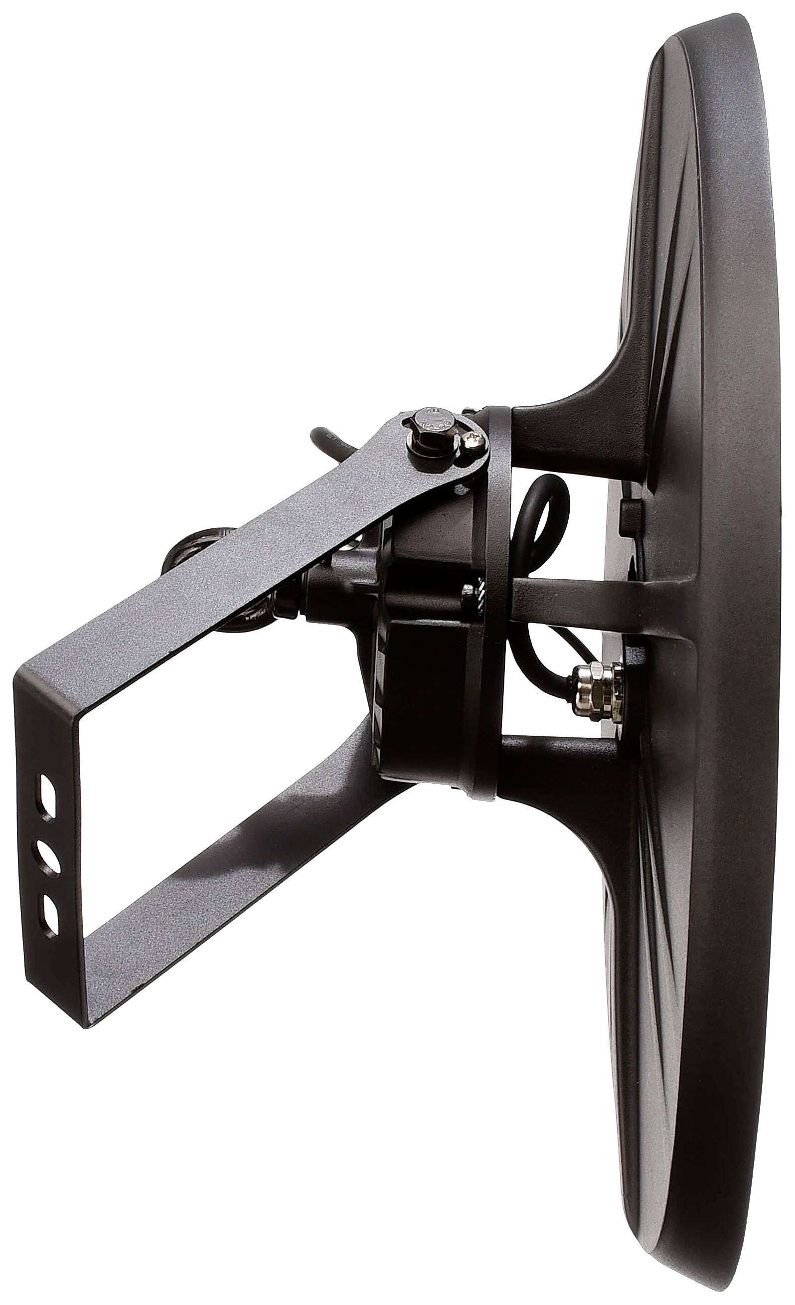 Seitliche Ansicht einer flachen Parabolantenne mit montierter Halterung.