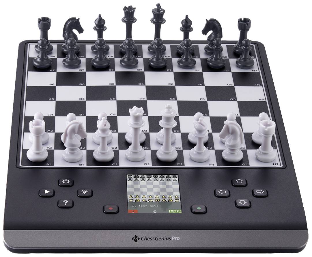 Elektronisches Schachbrett mit schwarzen und weißen Schachfiguren, digitalem Display und Tasten zur Steuerung.