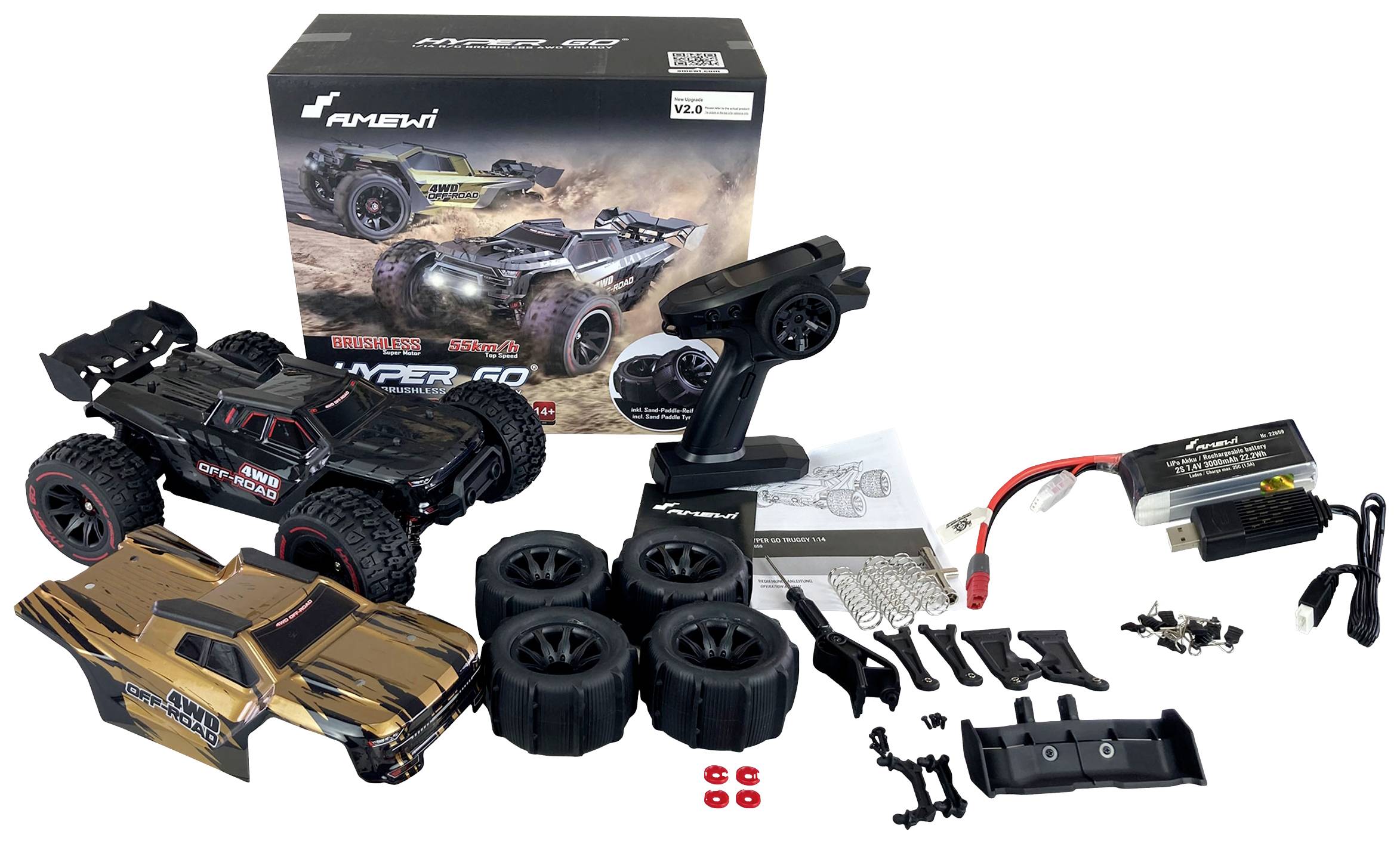 RC-Modellauto-Set mit einem Fahrzeug, Ersatzrädern, einer Fernbedienung, Zubehörteilen, einem Ladegerät und der Verpackung.