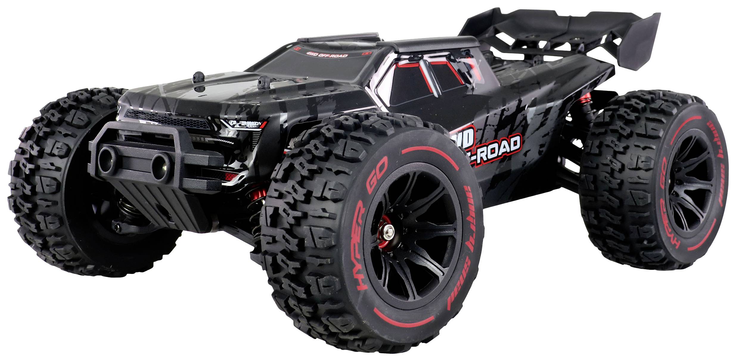 Ein schwarzes, ferngesteuertes Monster-Truck-Modell mit roten Akzenten und großen, robusten Reifen, geeignet für Offroad-Abenteuer.