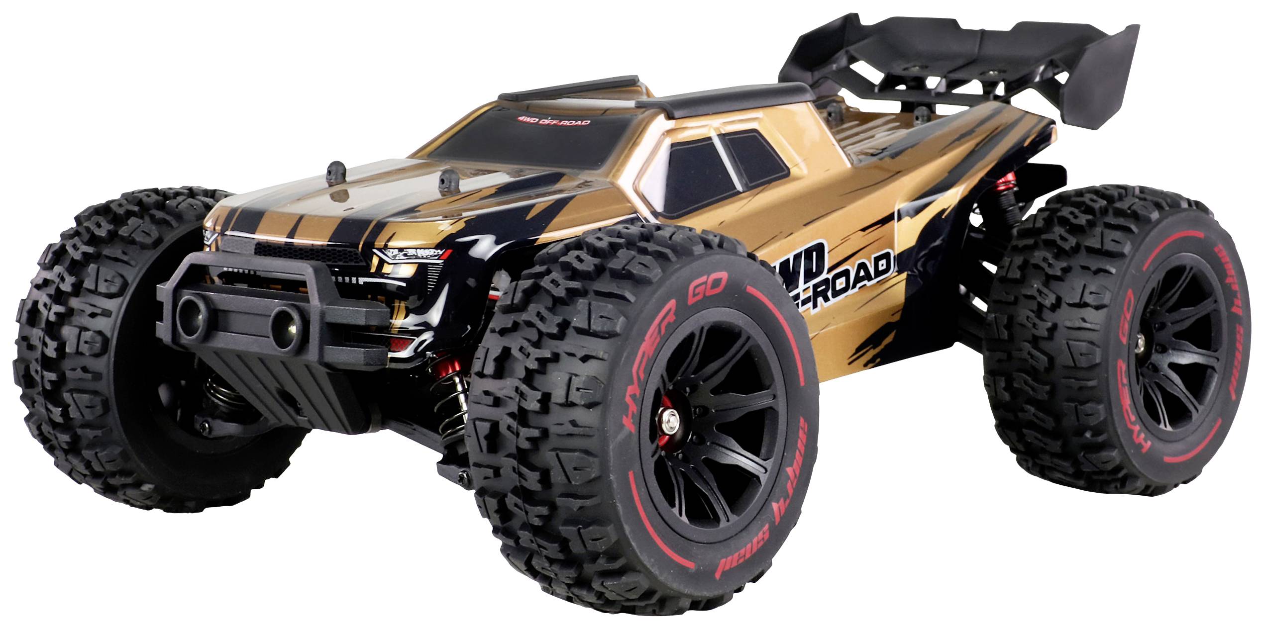 Ein ferngesteuertes Offroad-Auto mit großen Reifen und einem robusten, braunen Gehäuse, geeignet für unwegsames Gelände.