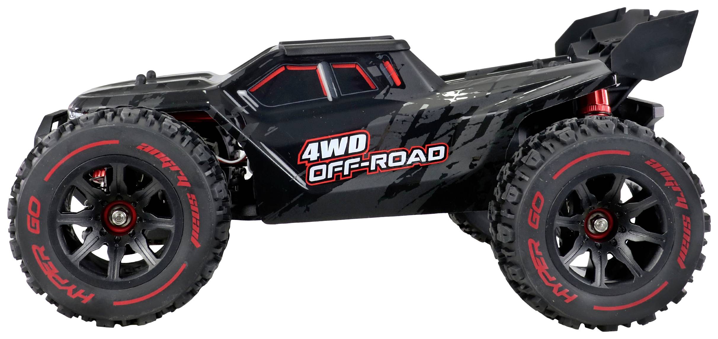 Ferngesteuertes schwarzes Offroad-Auto mit roten Akzenten und Beschriftung '4WD OFF-ROAD' an der Seite, auf groben Reifen.