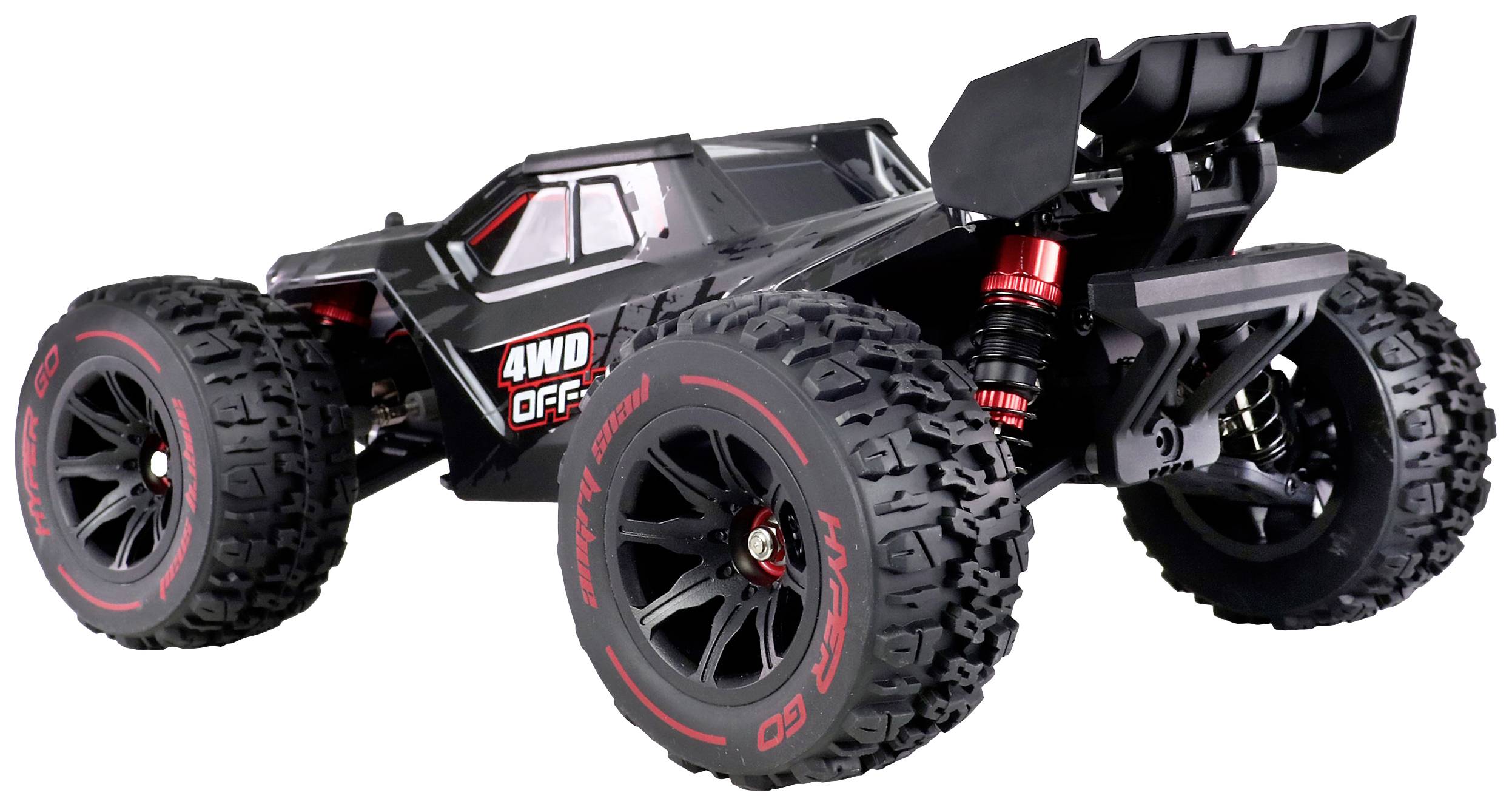 Ein schwarzes ferngesteuertes Auto mit großen Reifen und Spoiler. Aufschrift '4WD Offroad'. Geeignet für Outdoor-Abenteuer.
