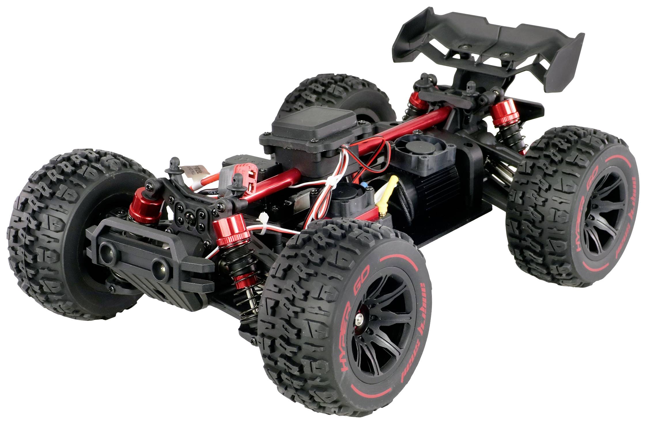 Ferngesteuertes Auto-Chassis mit grobstolligen Reifen und roter Aufhängung, ohne Karosserie, auf weißem Hintergrund.