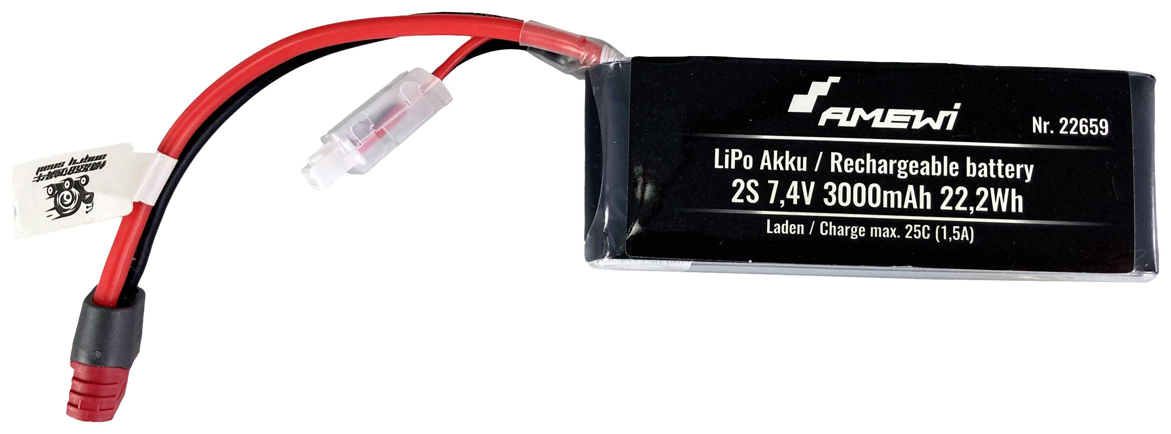 Schwarzer LiPo-Akku mit einem weißen Etikett, Kapazität 3000mAh, Spannung 7,4V, rote und schwarze Kabel mit Steckverbinder.