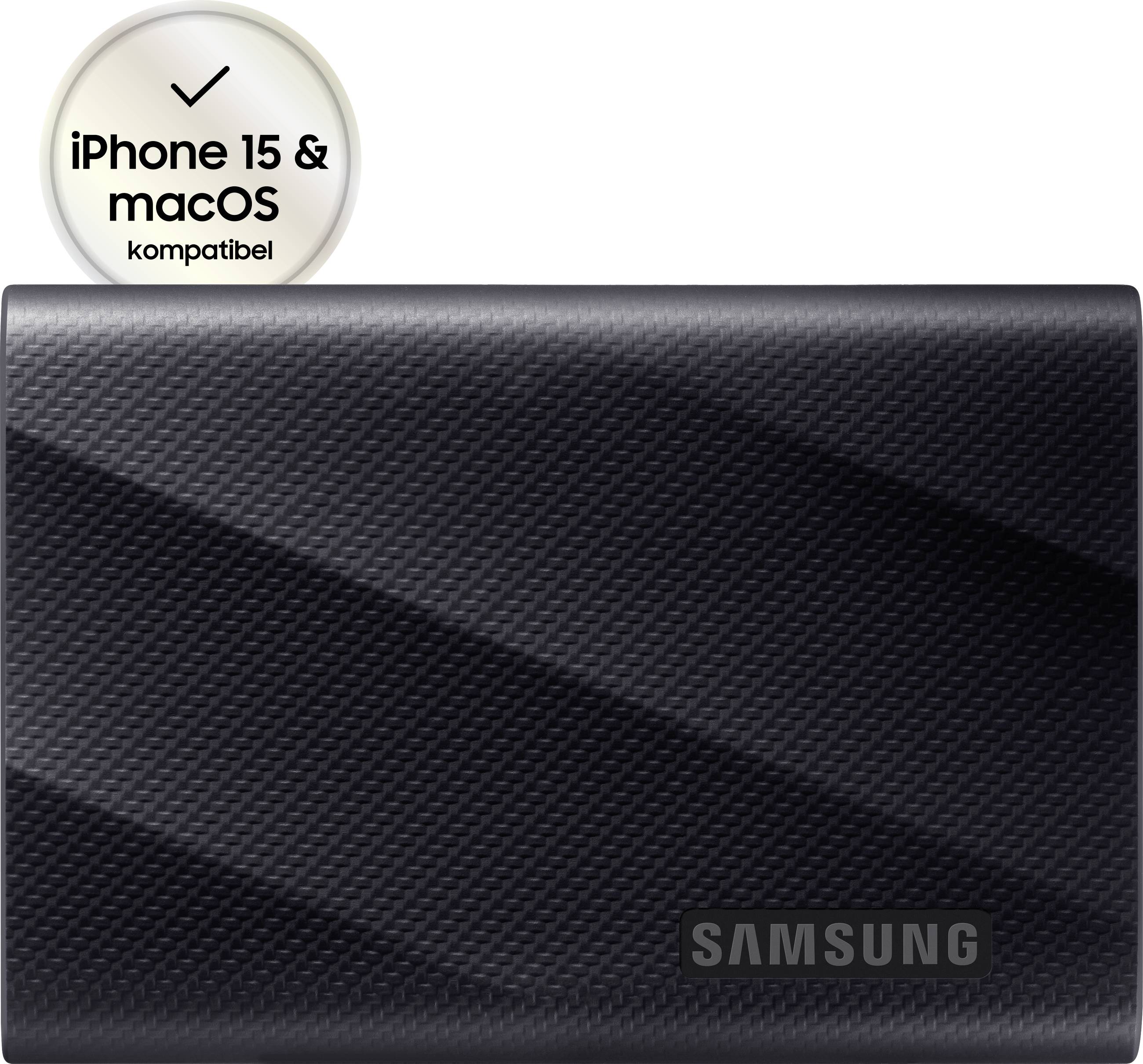Eine schwarze Samsung-SSD, die mit 'iPhone 15 & macOS kompatibel' beworben wird.