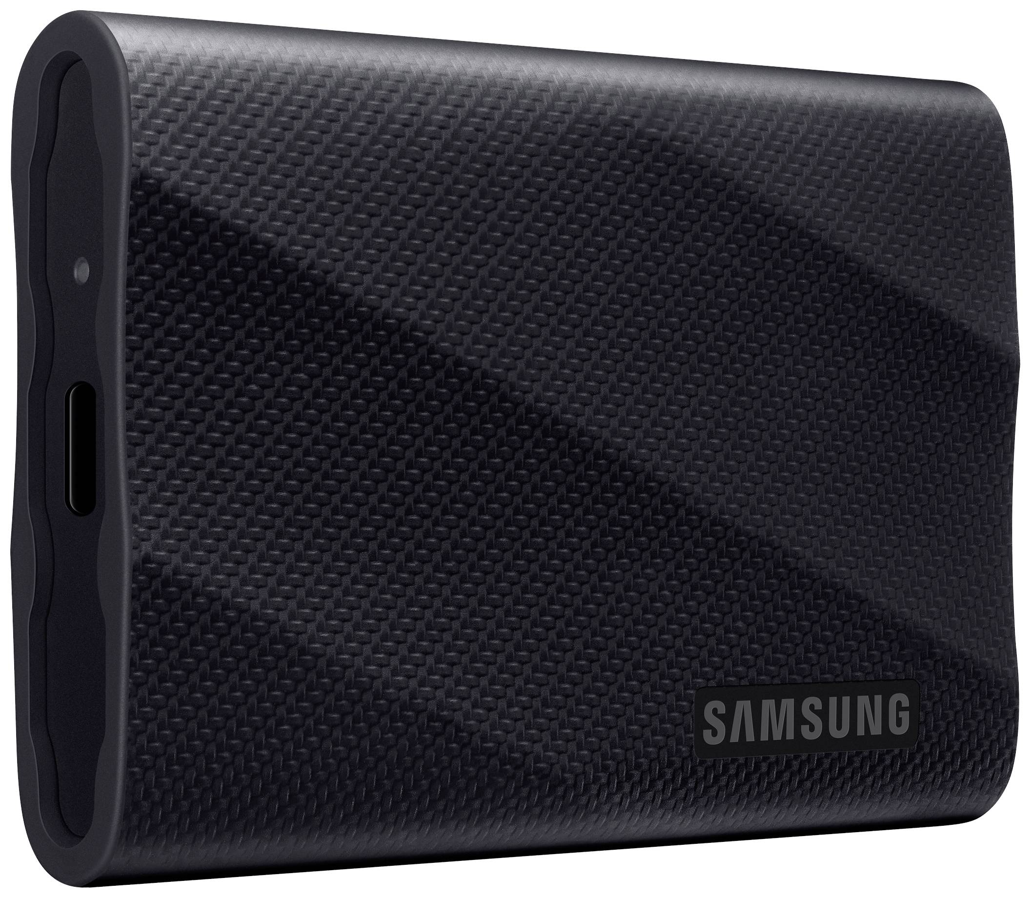 Externe Festplatte von Samsung mit schwarzer Textur, kompakt und tragbar.
