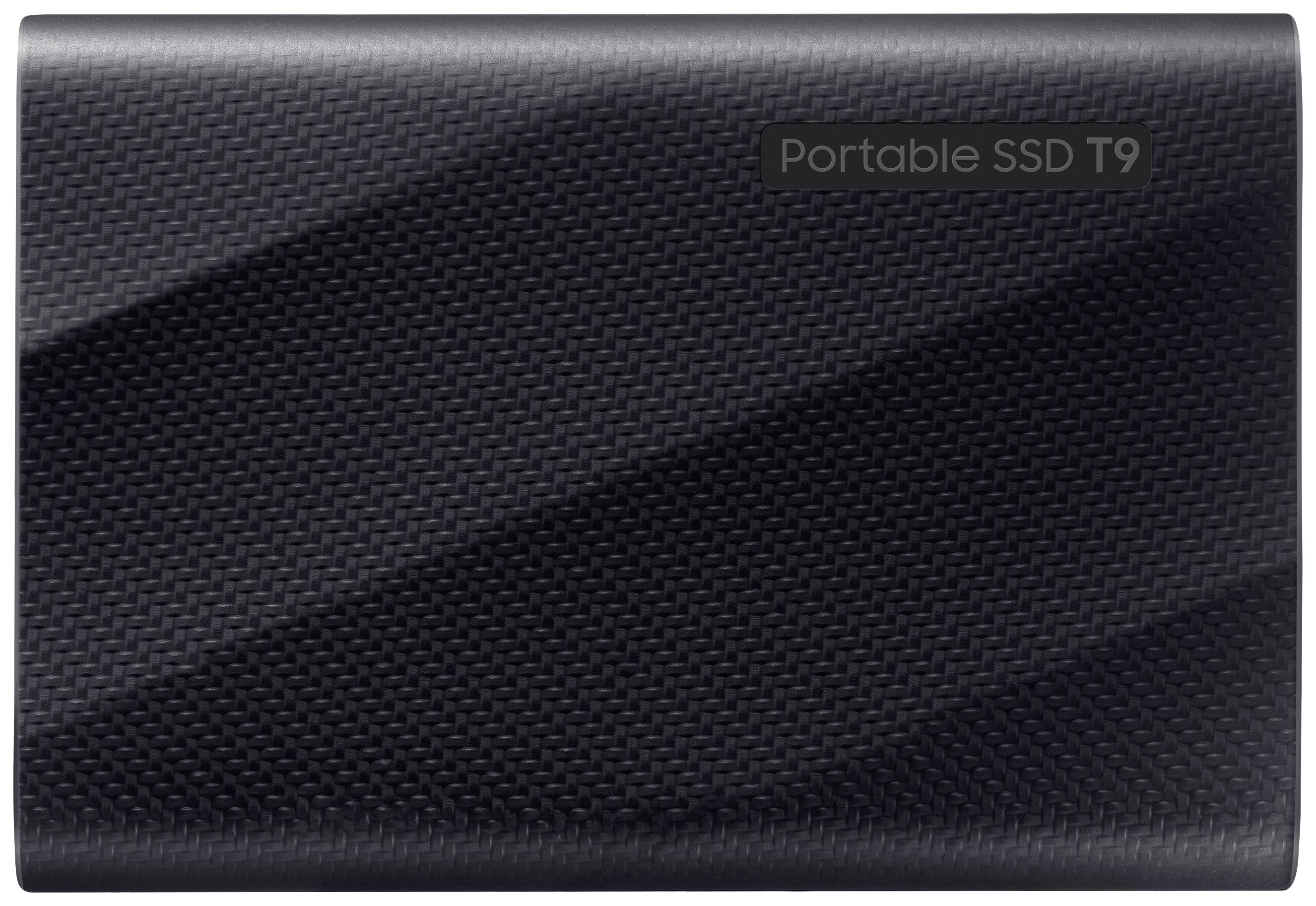 Externe SSD T9, portabel, schwarz, mit feiner Textur auf der Oberfläche und Aufschrift 'Portable SSD T9' in der oberen rechten Ecke.