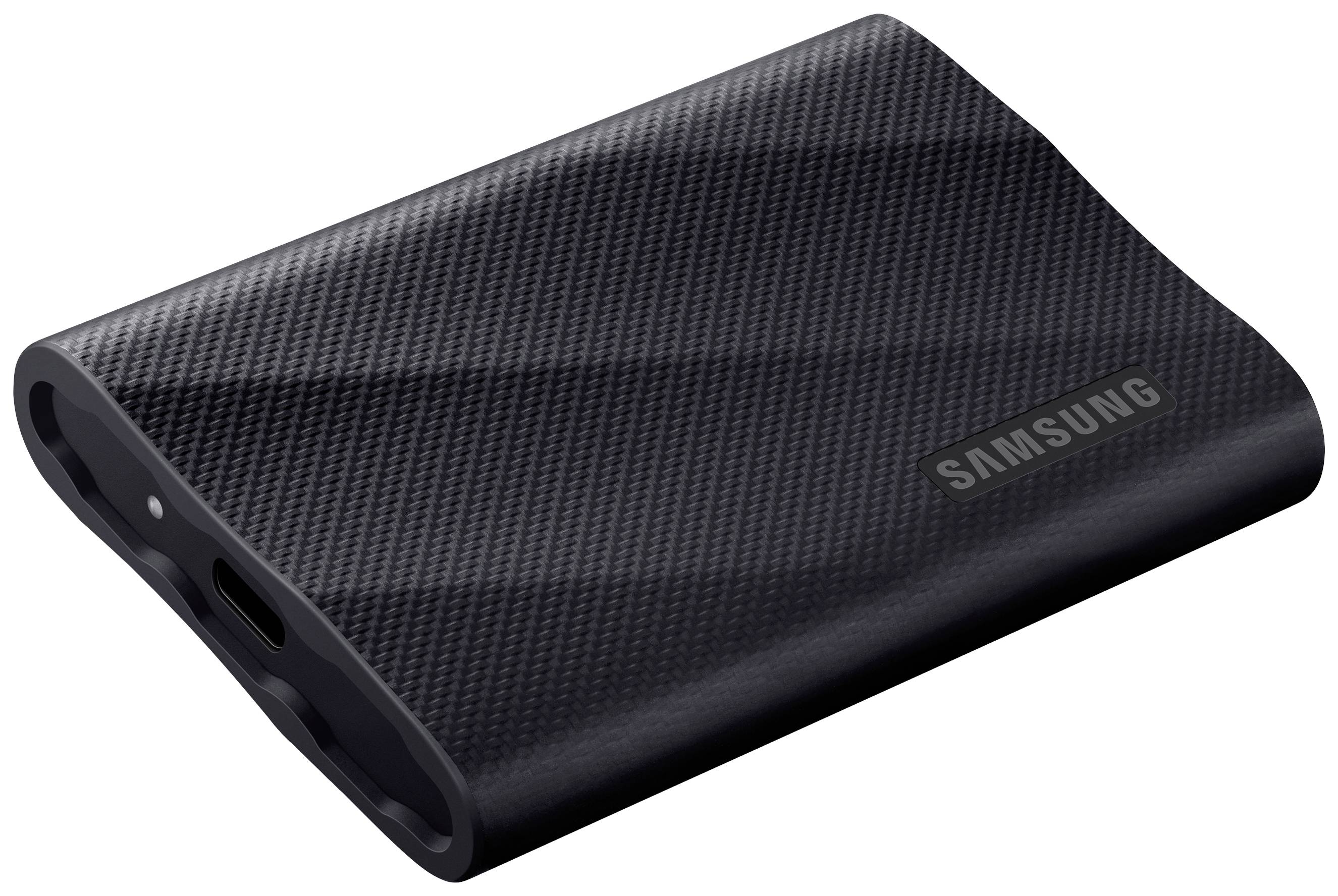 Externe schwarze SSD-Festplatte der Marke Samsung mit abgerundetem Design und USB-C-Anschluss. Ideal für portable Datenspeicherung.