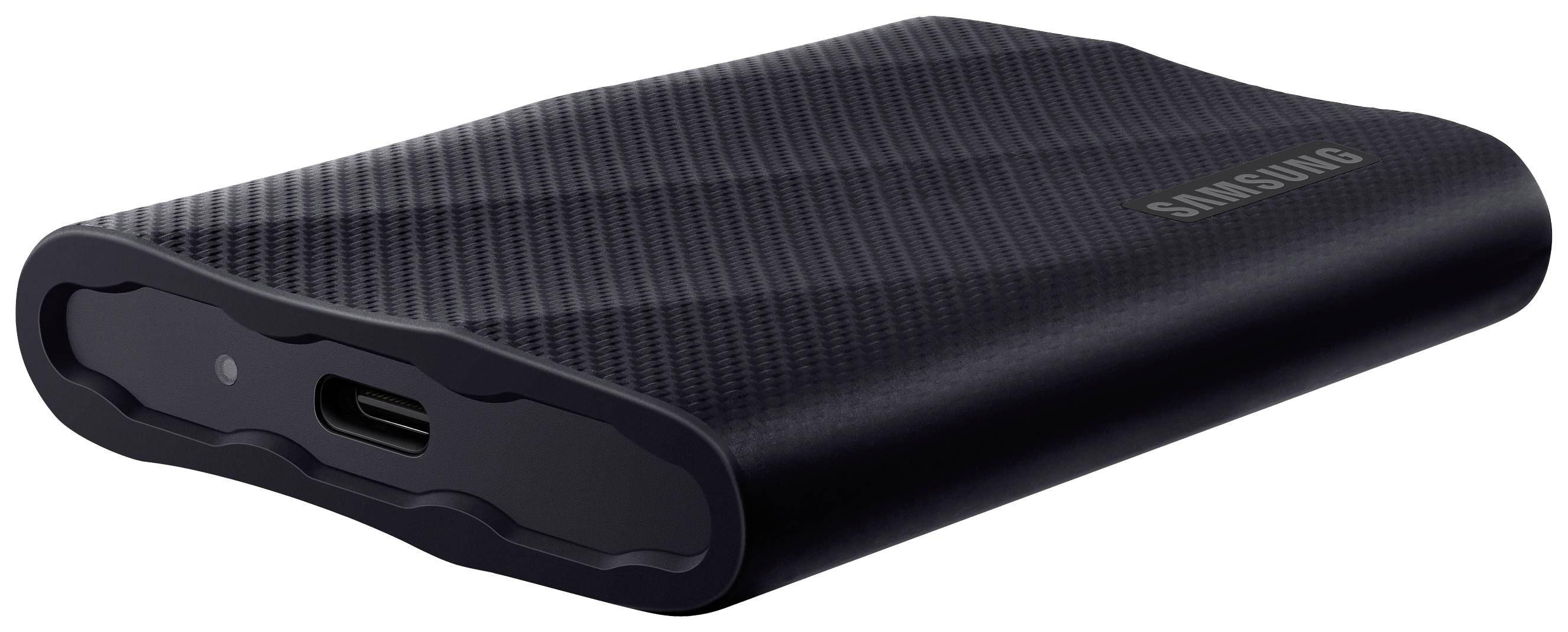 Eine schwarze externe Festplatte von Samsung mit USB-C-Anschluss. Sie hat eine geriffelte Oberfläche und ein schlankes, portables Design.