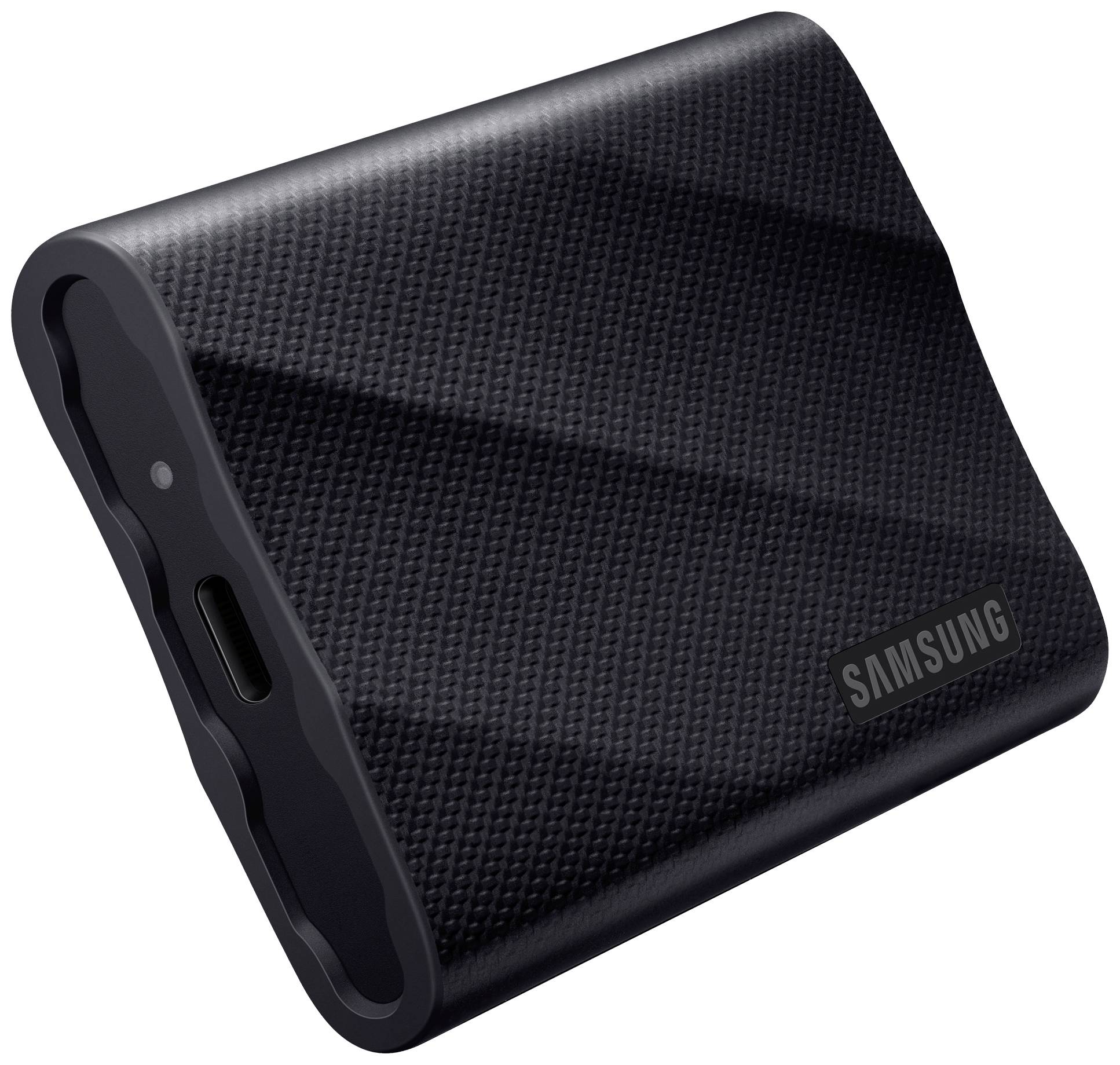 Ein tragbares schwarzes Samsung-SSD-Laufwerk mit Textur. Es hat einen USB-C-Anschluss und ist für Datenspeicherung geeignet.