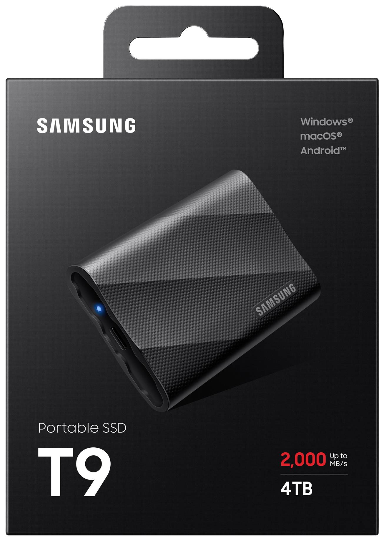 Tragbare Samsung SSD T9 (4TB) Verpackung. Kompatibel mit Windows, macOS, Android. Datenübertragung bis zu 2.000 MB/s.