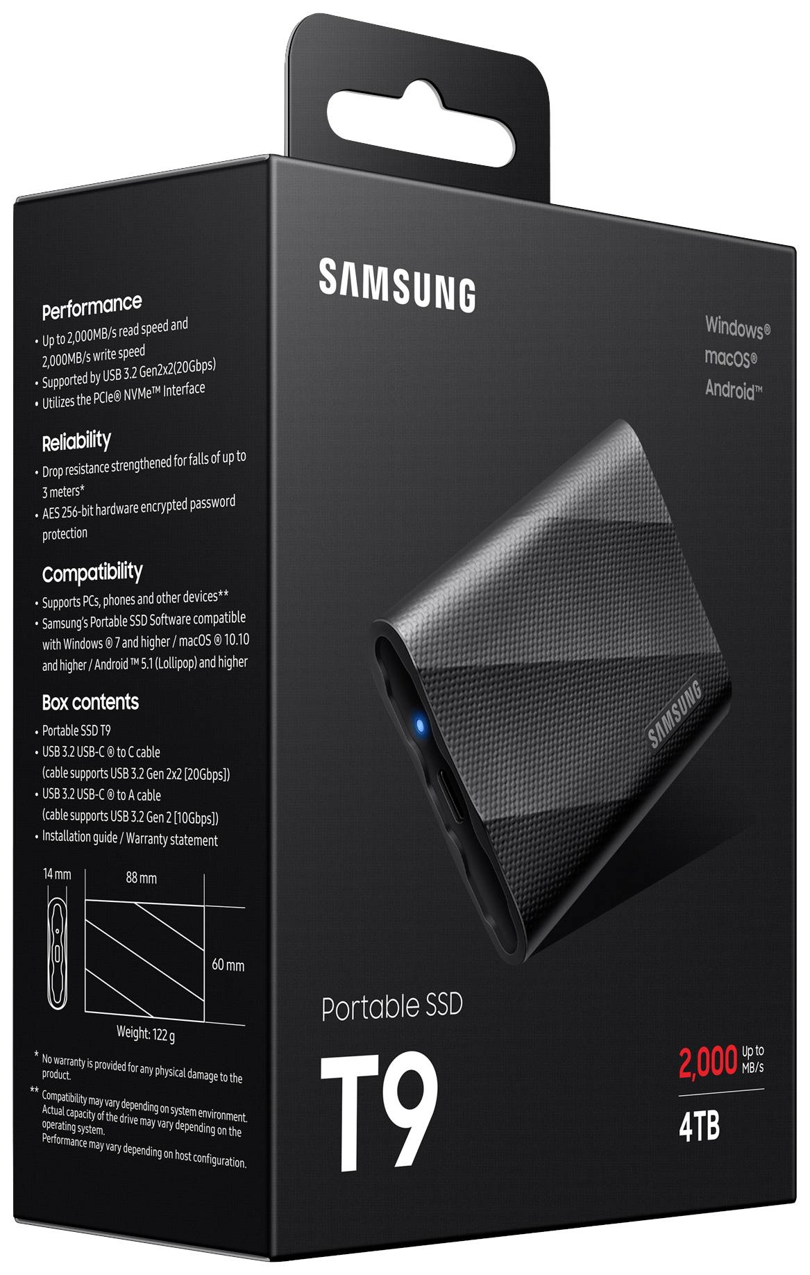 Schwarze Verpackung einer Samsung Portable SSD T9 4TB mit Produktinformationen zu Leistung, Zuverlässigkeit und Kompatibilität.