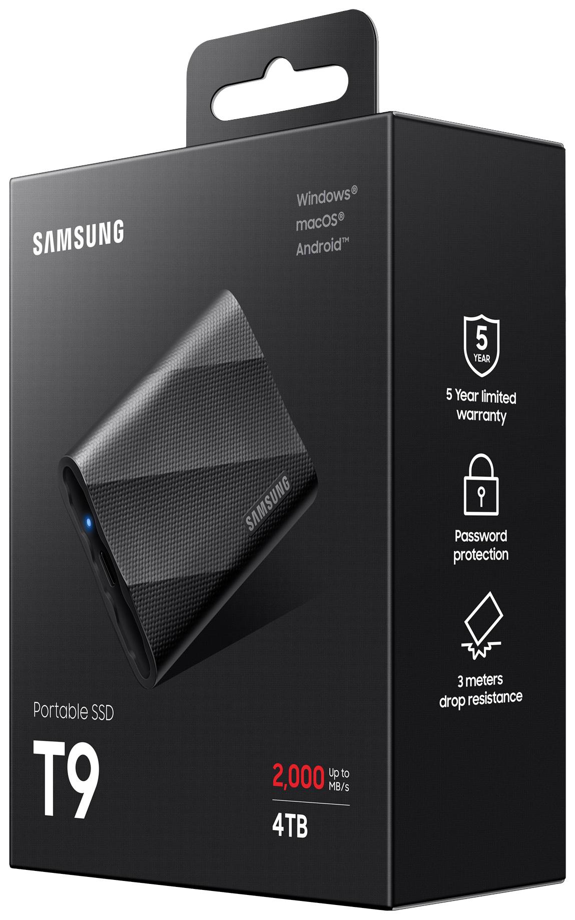 Eine schwarze Verpackung einer Samsung Portable SSD T9 mit 4TB Speicher. Unterstützt Windows, macOS, Android. Verspricht Passwortschutz, 3m Sturzfestigkeit und 5 Jahre Garantie.