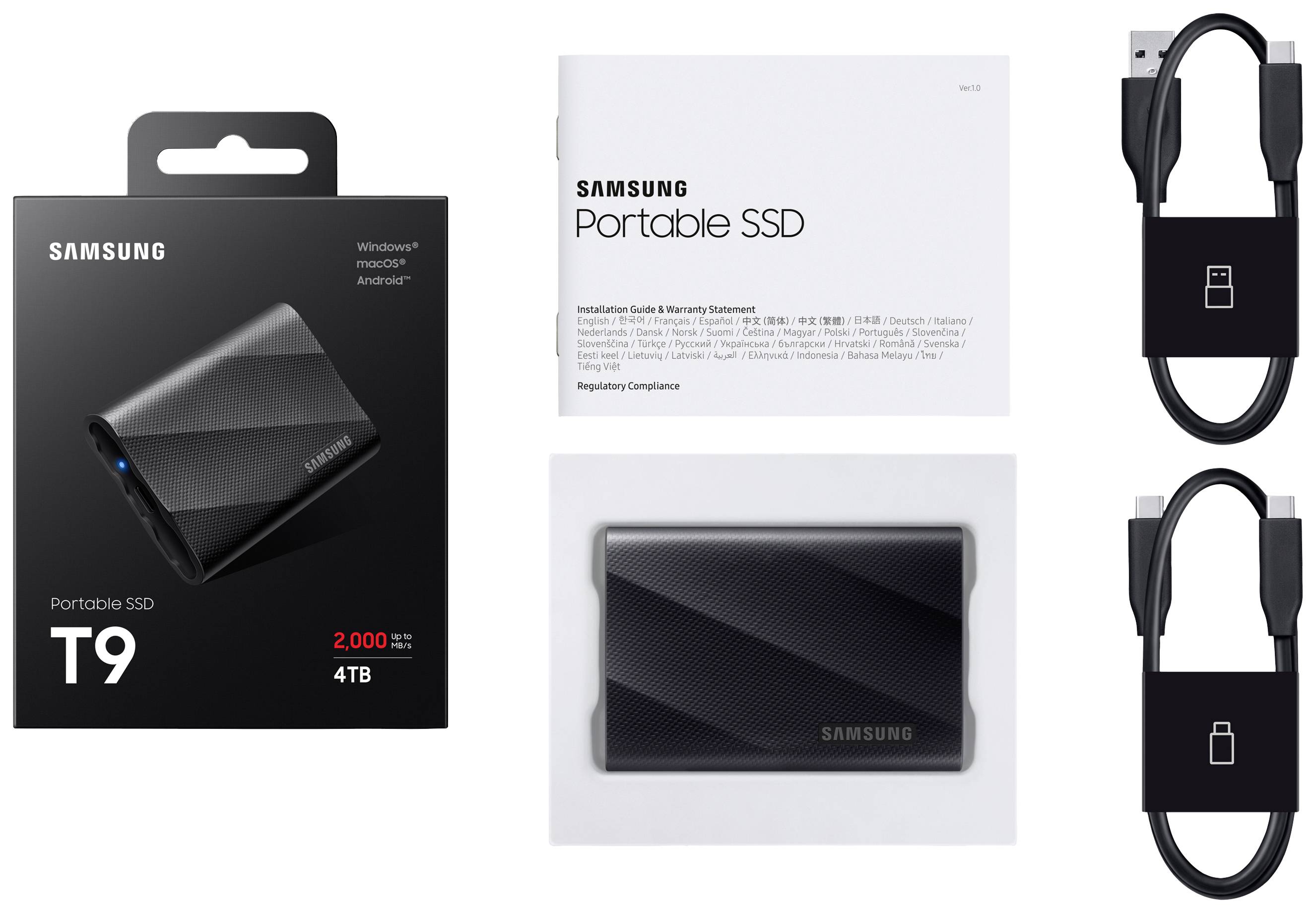 'Samsung T9 Portable SSD 4TB' in Verpackung, Anleitung und zwei USB-Kabel (USB-A und USB-C) abgebildet. Kompatibel mit Windows, Mac, Android.