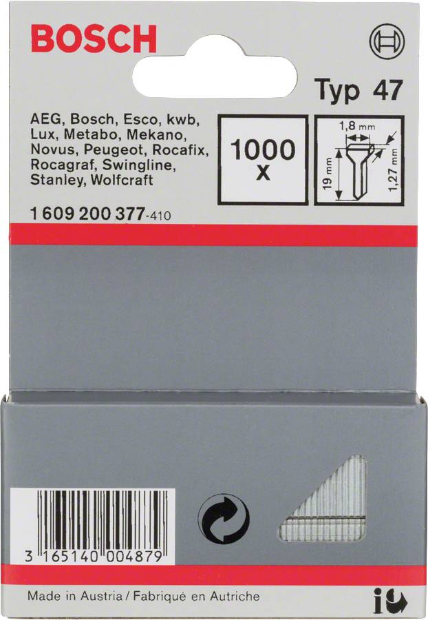 Die Verpackung enthält 1000 Typ 47 Heftklammern von Bosch, geeignet für Marken wie AEG, Lux und Metabo. Stapelhöhe 19 mm, Breite 1,27 mm.