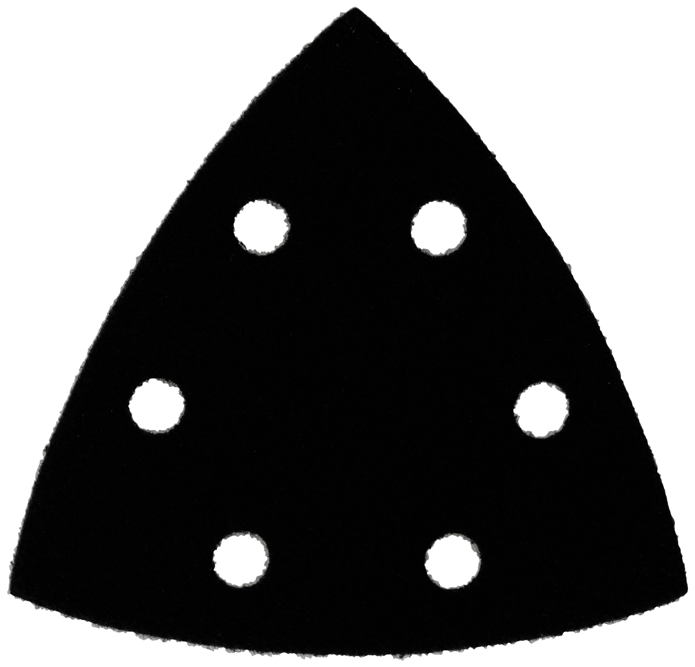 Ein schwarzes, dreieckiges Schleifpapier mit sechs runden Löchern gleichmäßig verteilt.