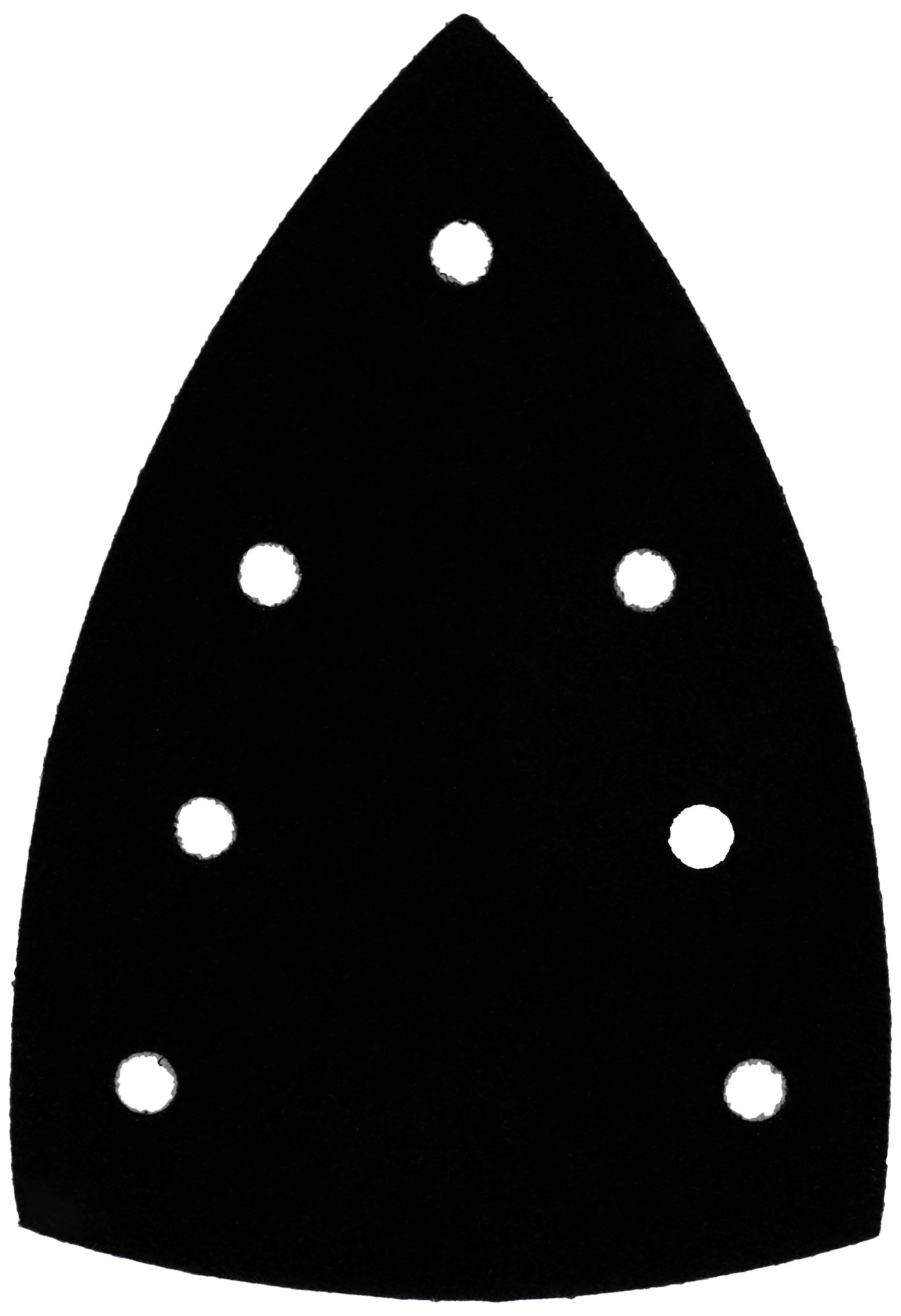 Ein schwarzes Schleifpapier in dreieckiger Form mit neun Löchern, die symmetrisch angeordnet sind. Geeignet zum Schleifen.