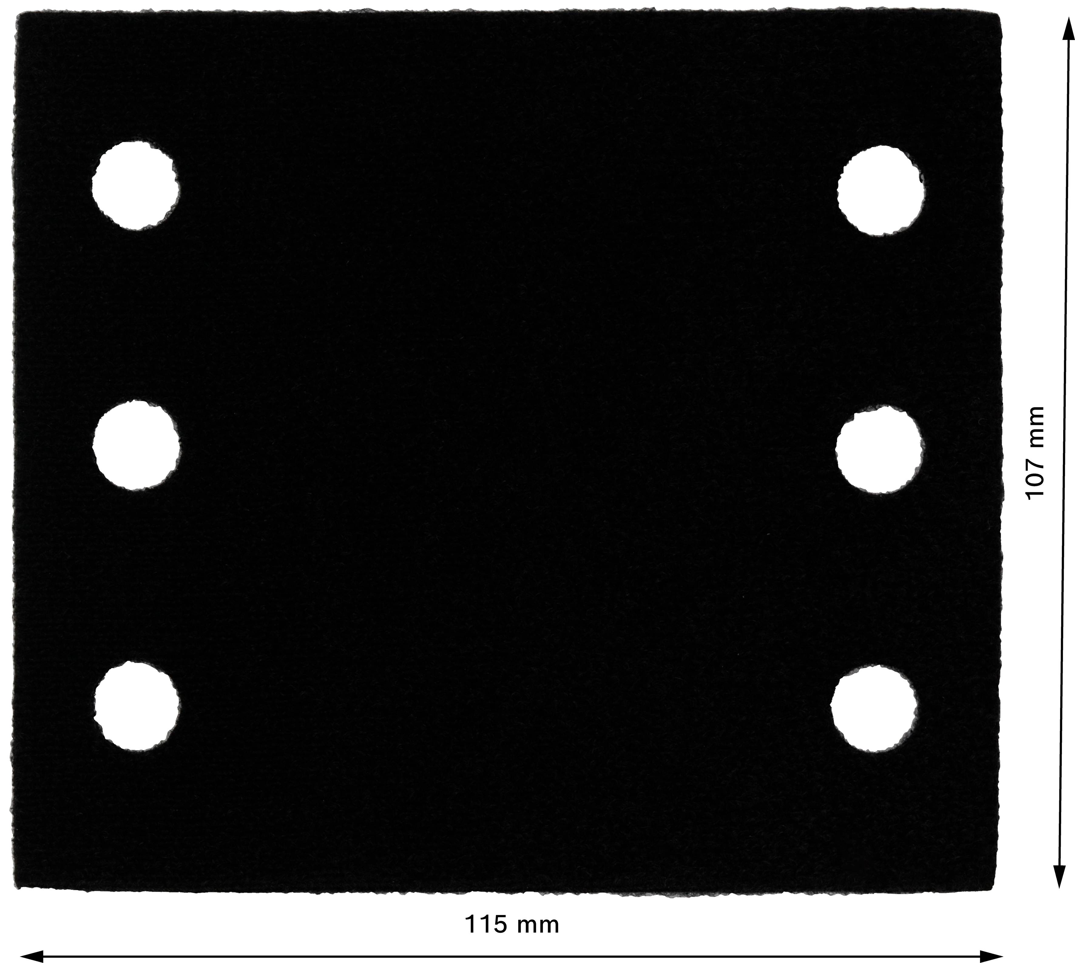 Ein rechteckiges schwarzes Schleifpapier mit sechs runden Löchern in zwei Reihen. Maße: 115 mm x 107 mm.