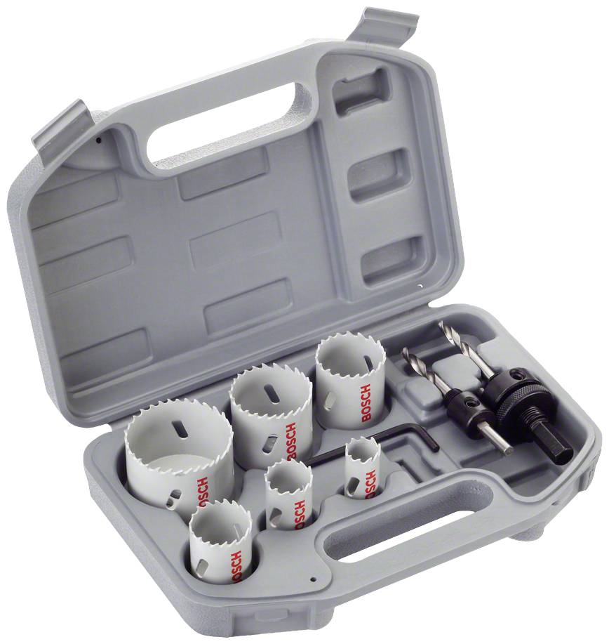 Bosch Lochsägen-Set in einem grauen Kunststoffkoffer, enthält mehrere Lochsägen unterschiedlicher Größe und Zubehör.