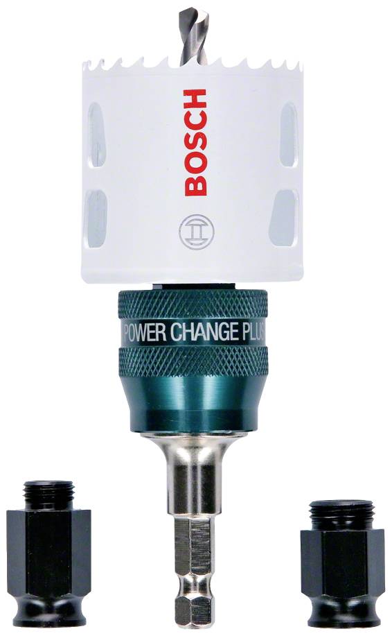 Metall-Lochsäge von Bosch, weiß mit sichtbarem Markennamen. Unten grüner Schnellwechseladapter, flankiert von zwei Adapterschrauben.