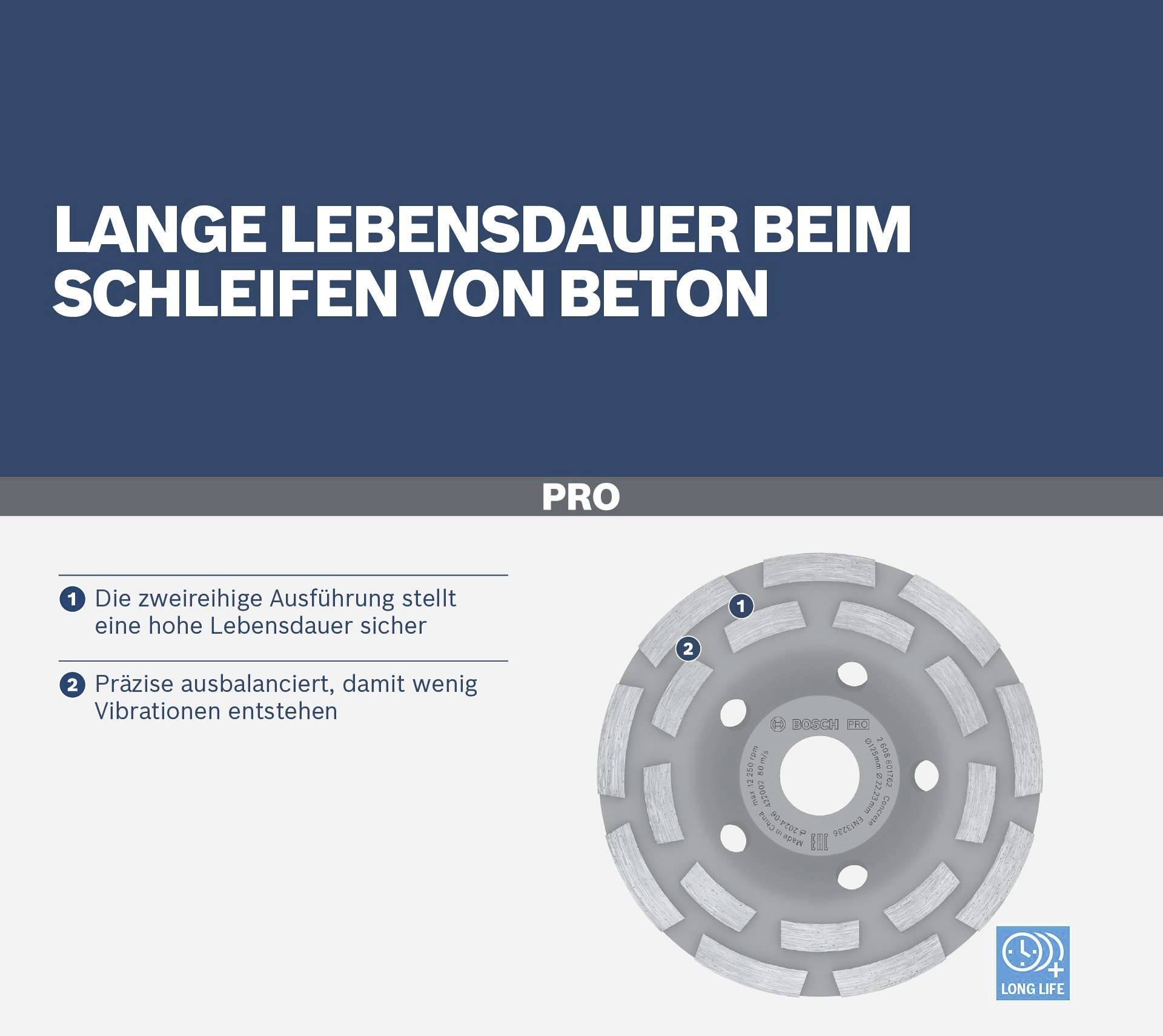 PRO Schleifscheibe: Lange Lebensdauer beim Schleifen von Beton mit präziser Ausbalancierung für minimale Vibrationen.