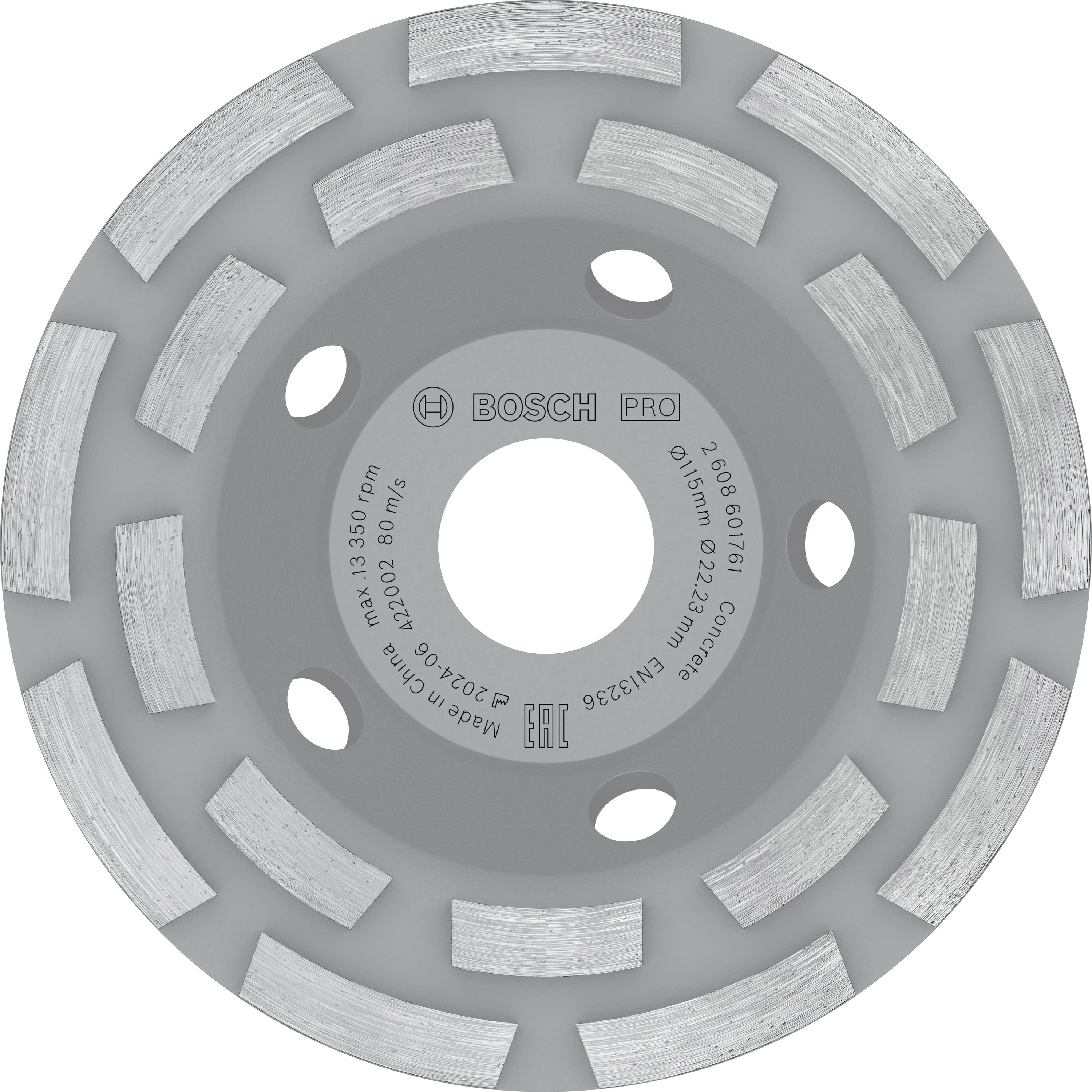 'Bosch Pro' Diamantschleifscheibe, grau, mit silbernen Segmenten. Beschriftung: 115 mm, 222.23 mm, EN13236, 23060, 80 m/s.