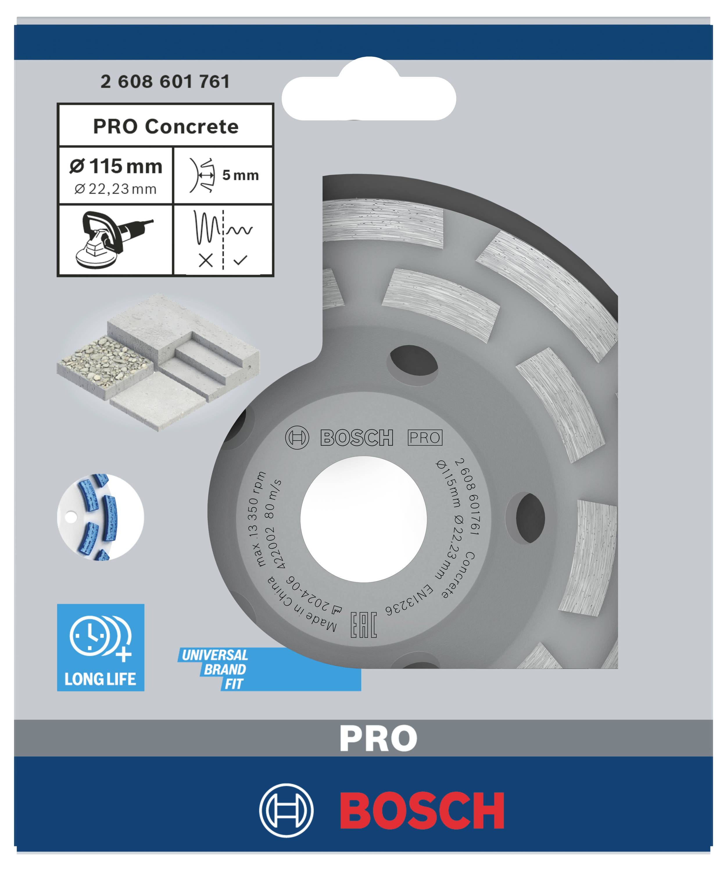 Bosch Pro Concrete Schleifscheibe, Ø115mm, geeignet für Beton. Lange Lebensdauer, Universalmarkenpassform.