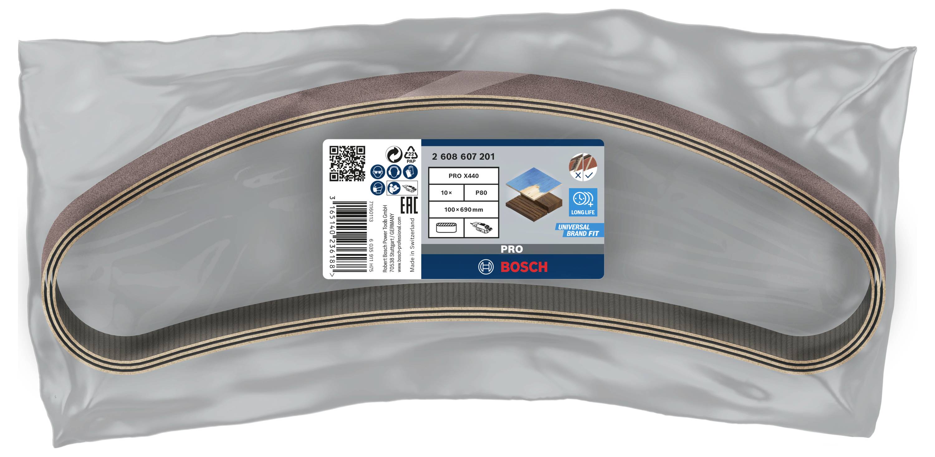 Schleifbandset von Bosch im Originalverpackung, bestehend aus mehreren Schleifbändern. Geeignet für Holz- und Metallbearbeitung.