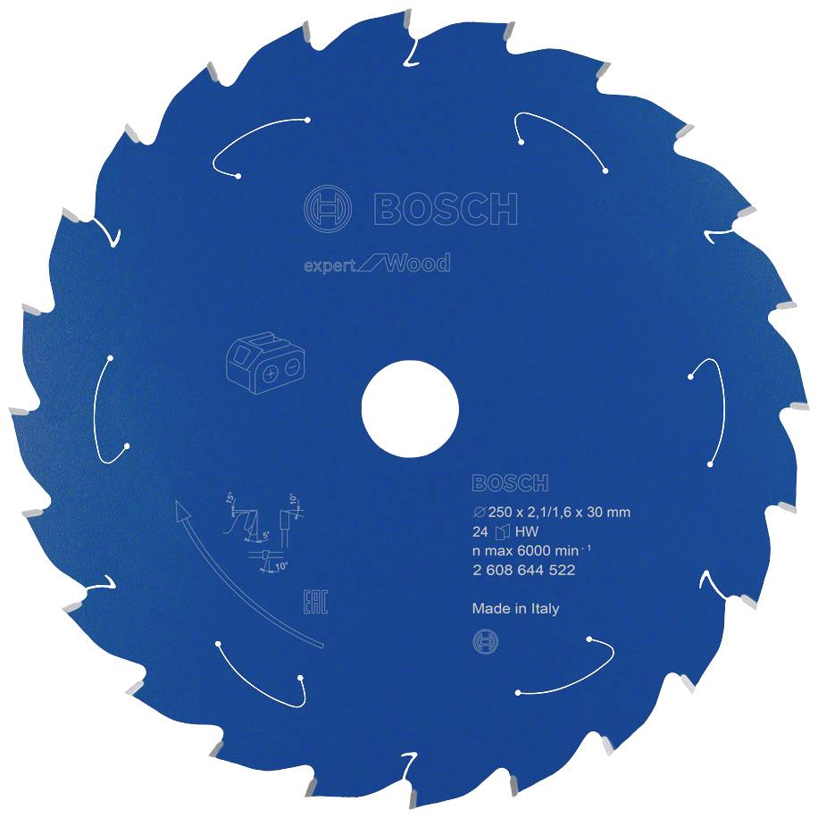 Kreissägeblatt mit 24 Zähnen für Holzarbeiten. Aufschrift: 'Bosch Expert for Wood', 'Made in Italy'. Durchmesser 250 mm.