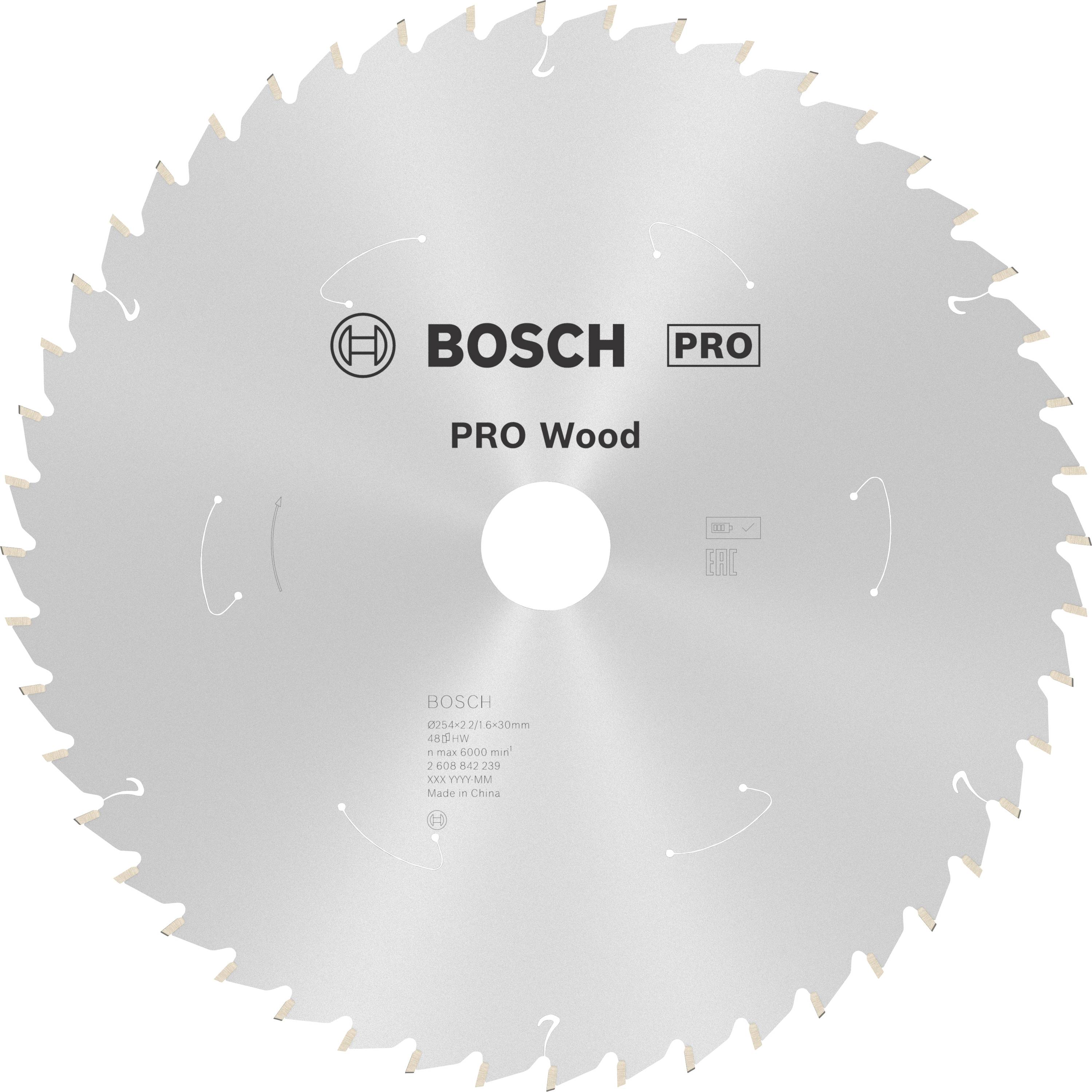Kreissägeblatt mit der Aufschrift 'BOSCH PRO Wood' für Holzbearbeitung. 250x30 mm, 80 Zahn, geeignet für 45-50 mm Schnitttiefe.