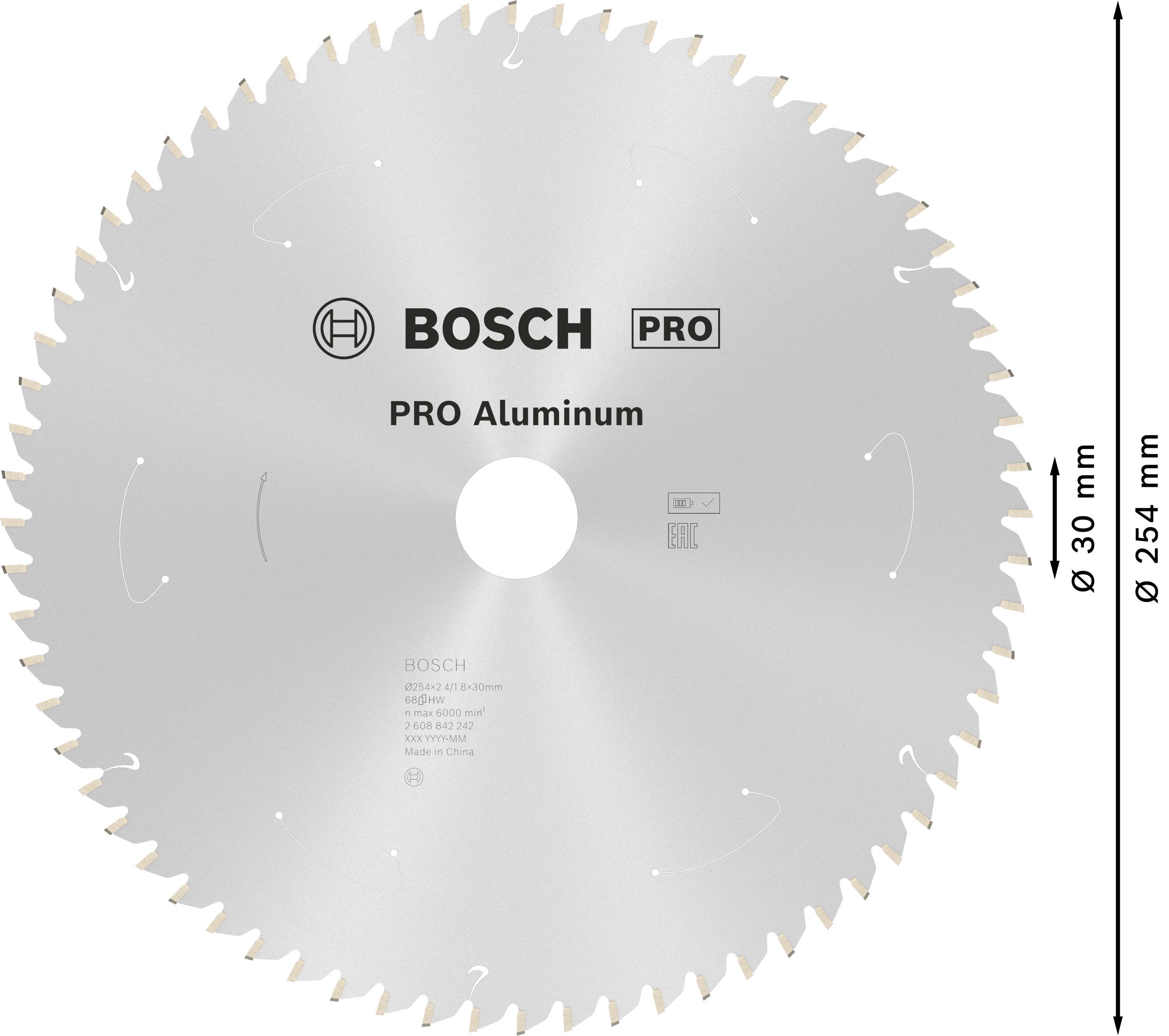 Kreissägeblatt mit 80 Zähnen, Aufschrift 'BOSCH PRO Aluminum', Durchmesser 254 mm, Bohrung 30 mm, geeignet für Aluminium.